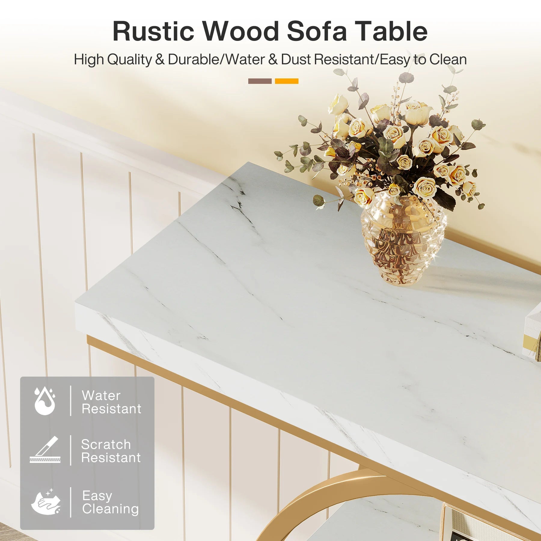 Faux Marble Gold Console Table with Storage Shelves for Entryway — 70" Behind-Sofa