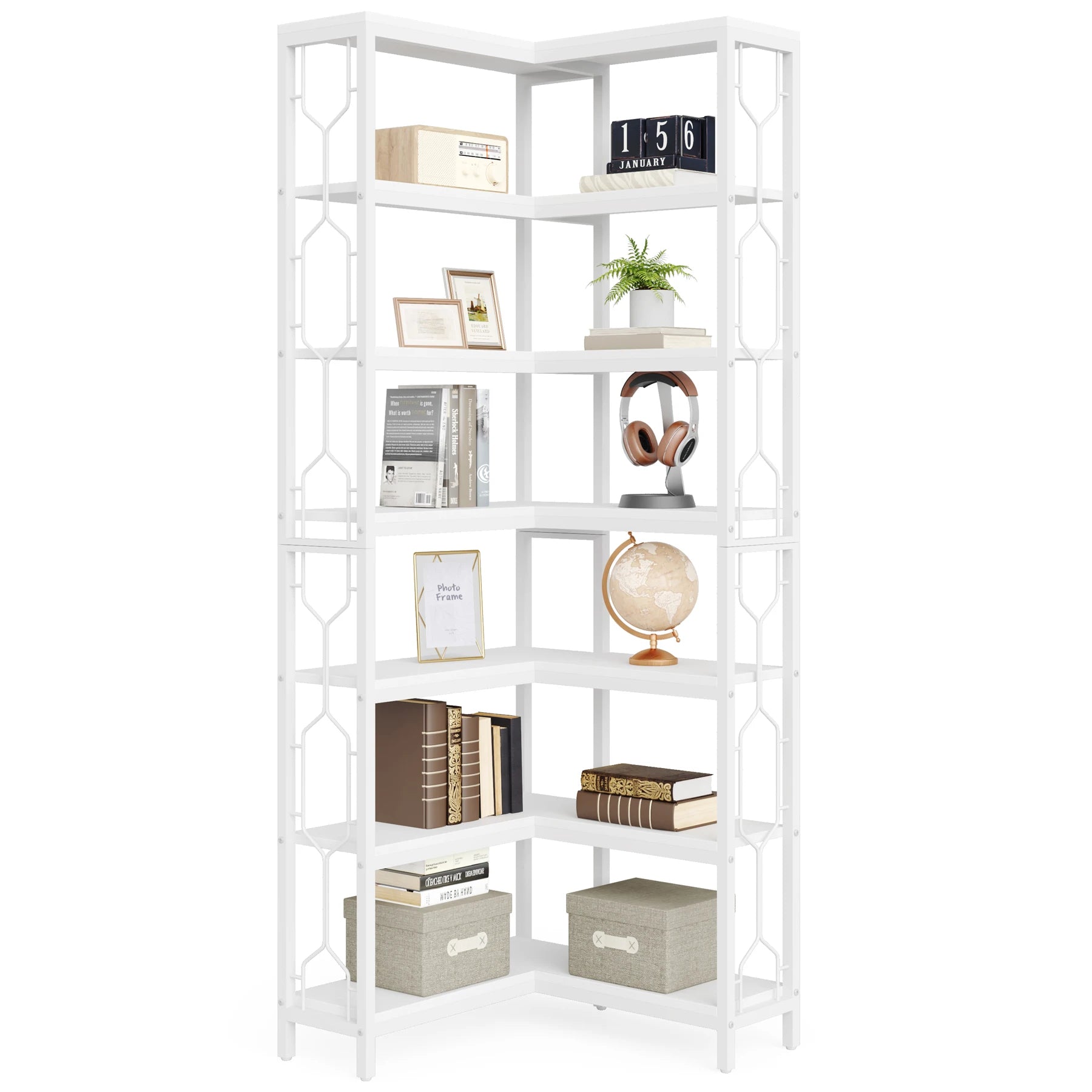 Industrial Corner Bookcase with 7 Shelves and Black Metal Frame for Living Room — 71" Tall