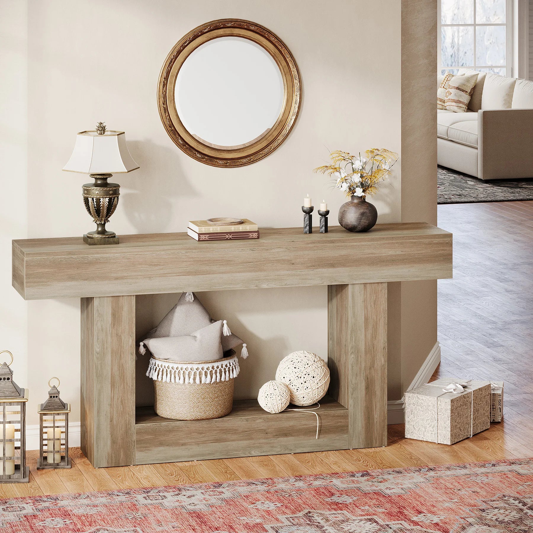 Two-Tone Farmhouse Console Table with Lower Shelf for Entryway — 63"