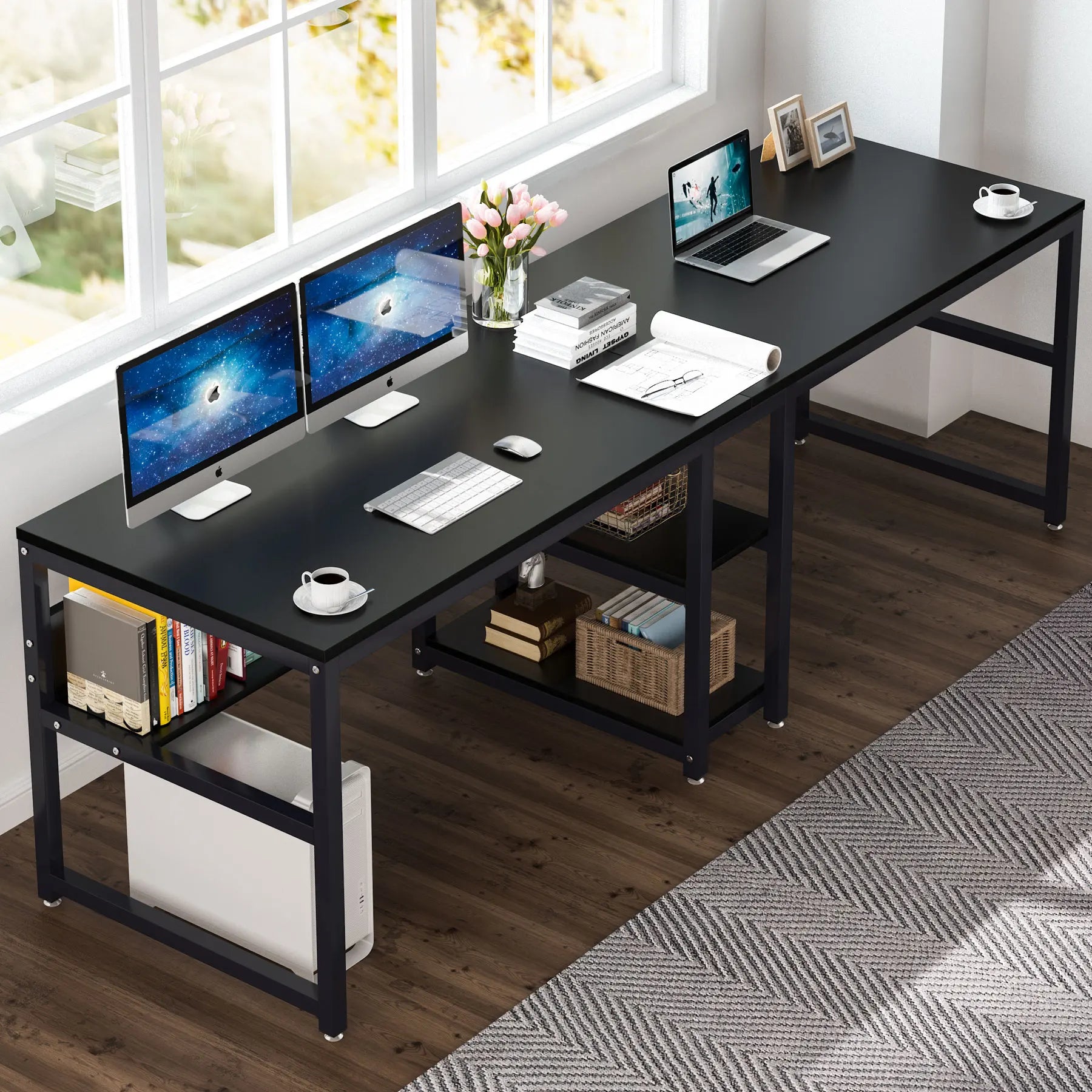 Rustic Two-Person Desk with Bookshelf for Home Office — 78.7in Double Workstation