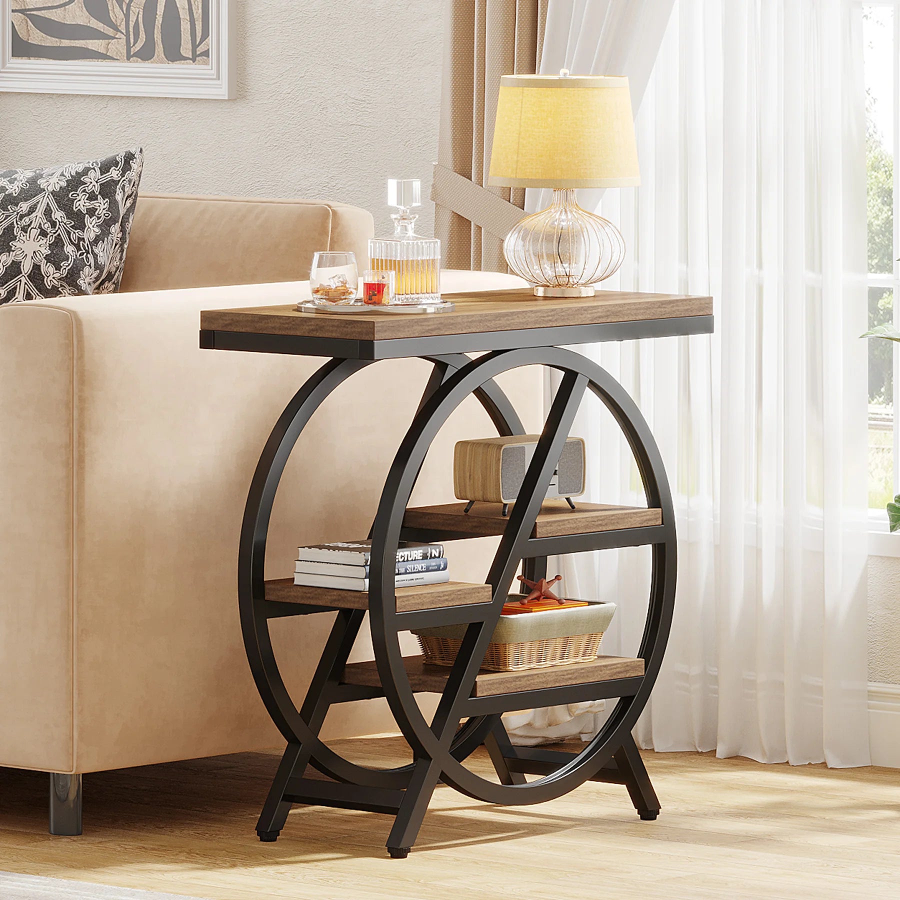 Rustic Wood 3-Tier Side Table with Round Metal Frame for Living Room — Narrow