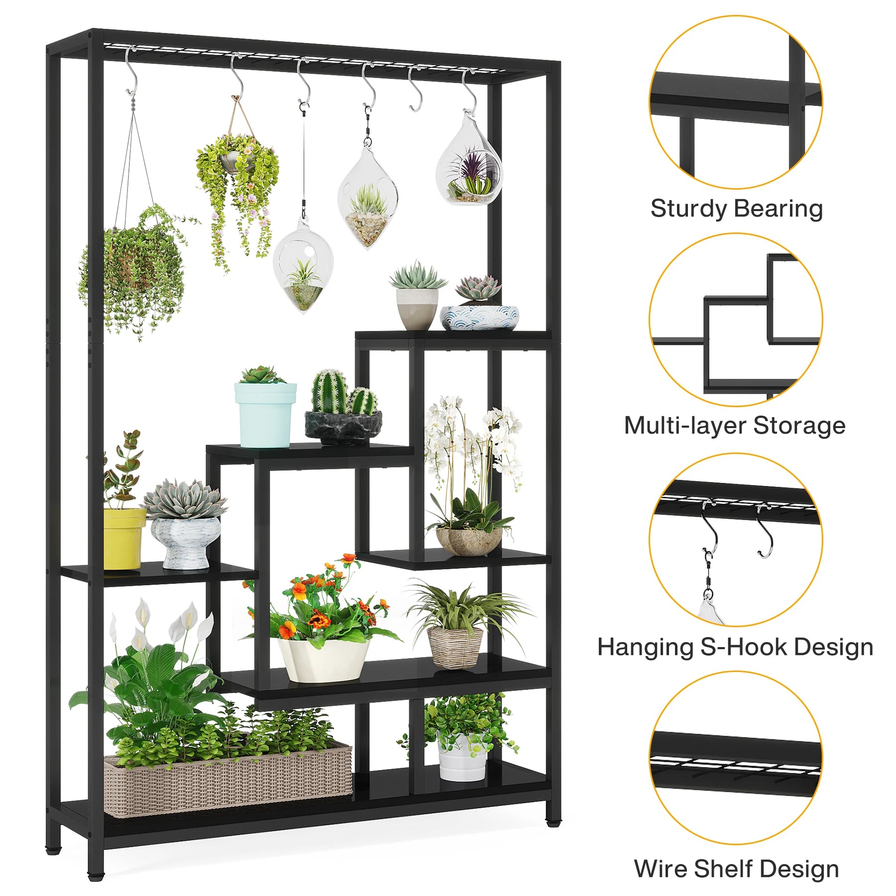Industrial Metal Plant Stand with Hanging Hooks for Living Room — 5-Tier, 70.9in Tall
