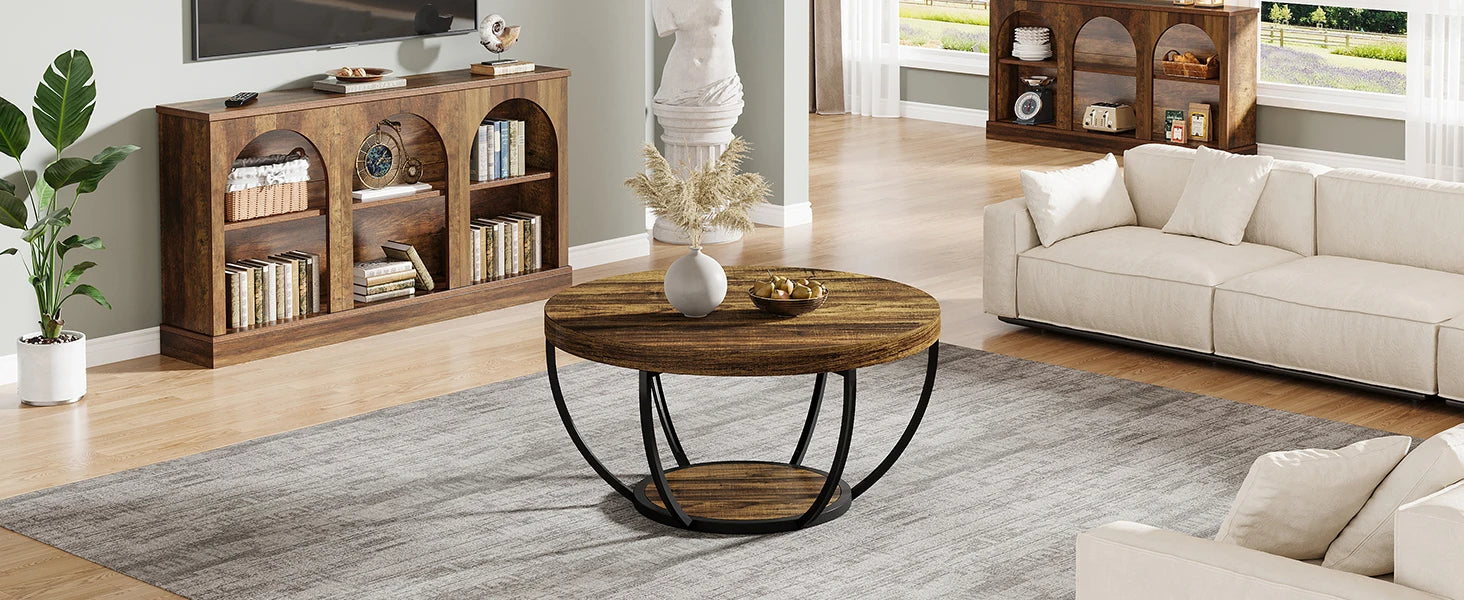 Round Industrial Coffee Table with Storage Shelf for Living Room — 31.7" Oak