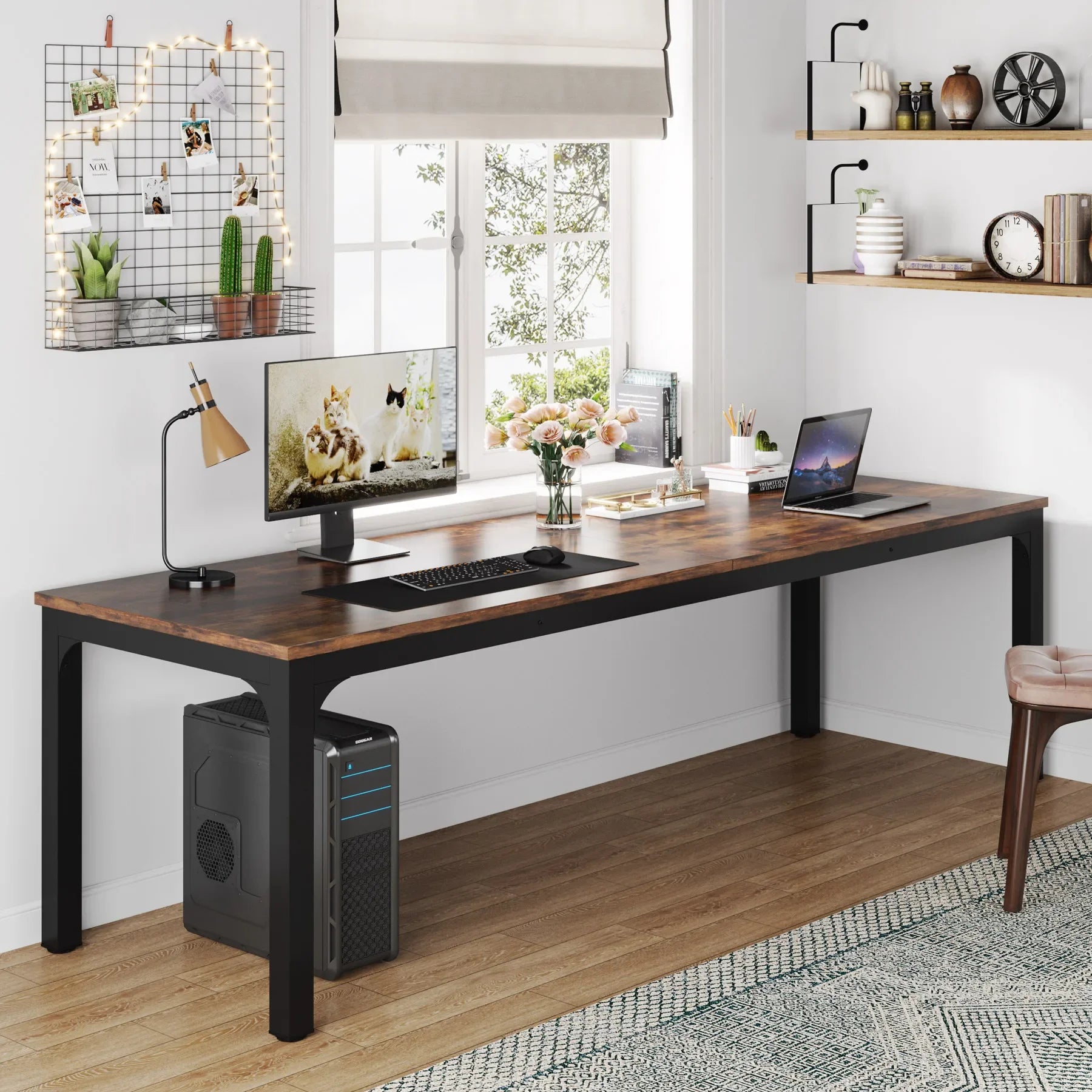 Industrial Wood Computer Desk with Steel Frame for Two-Person Home Office — 78.7"