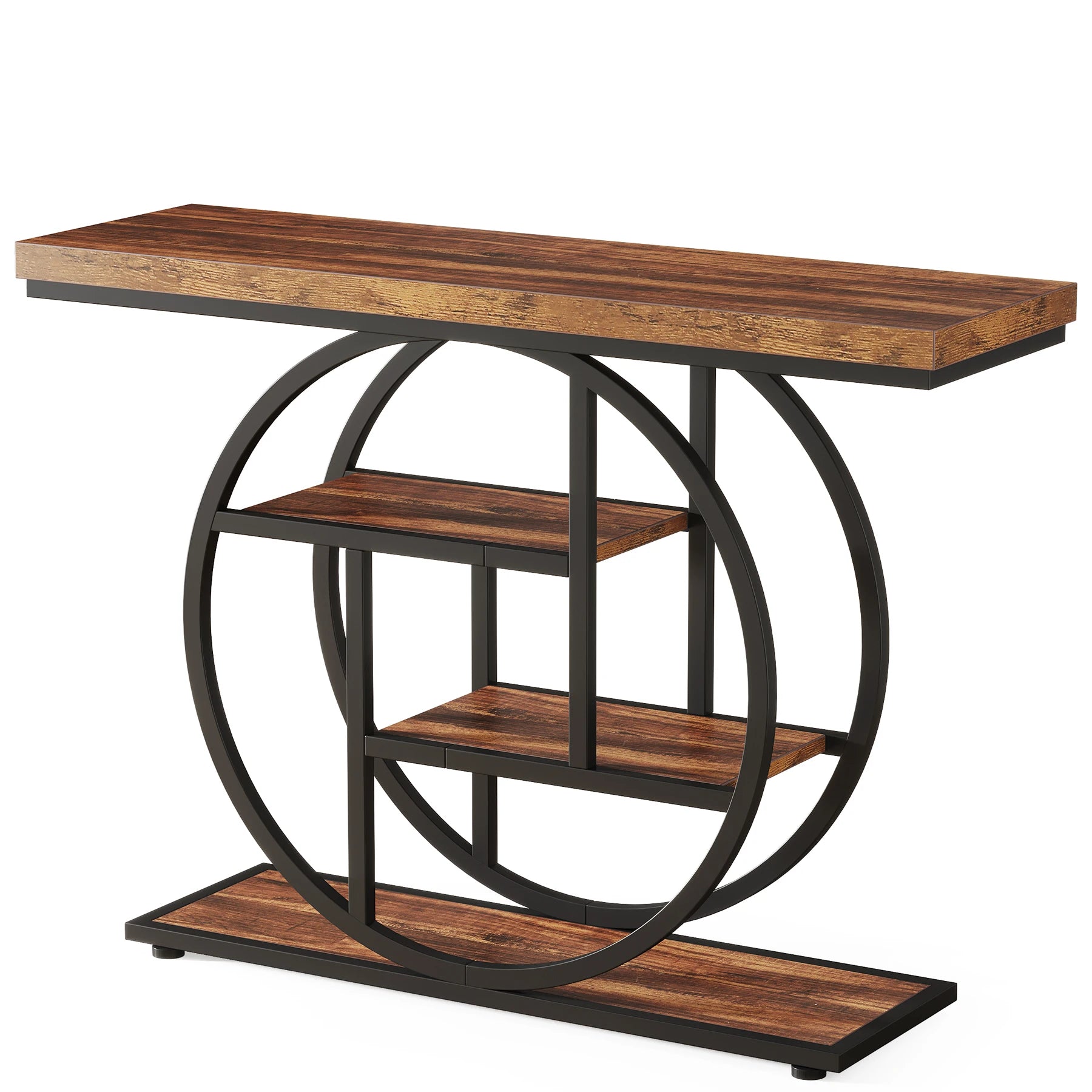 Rustic Wood 4-Tier Console Table with Round Metal Frame for Entryway — 41.3in