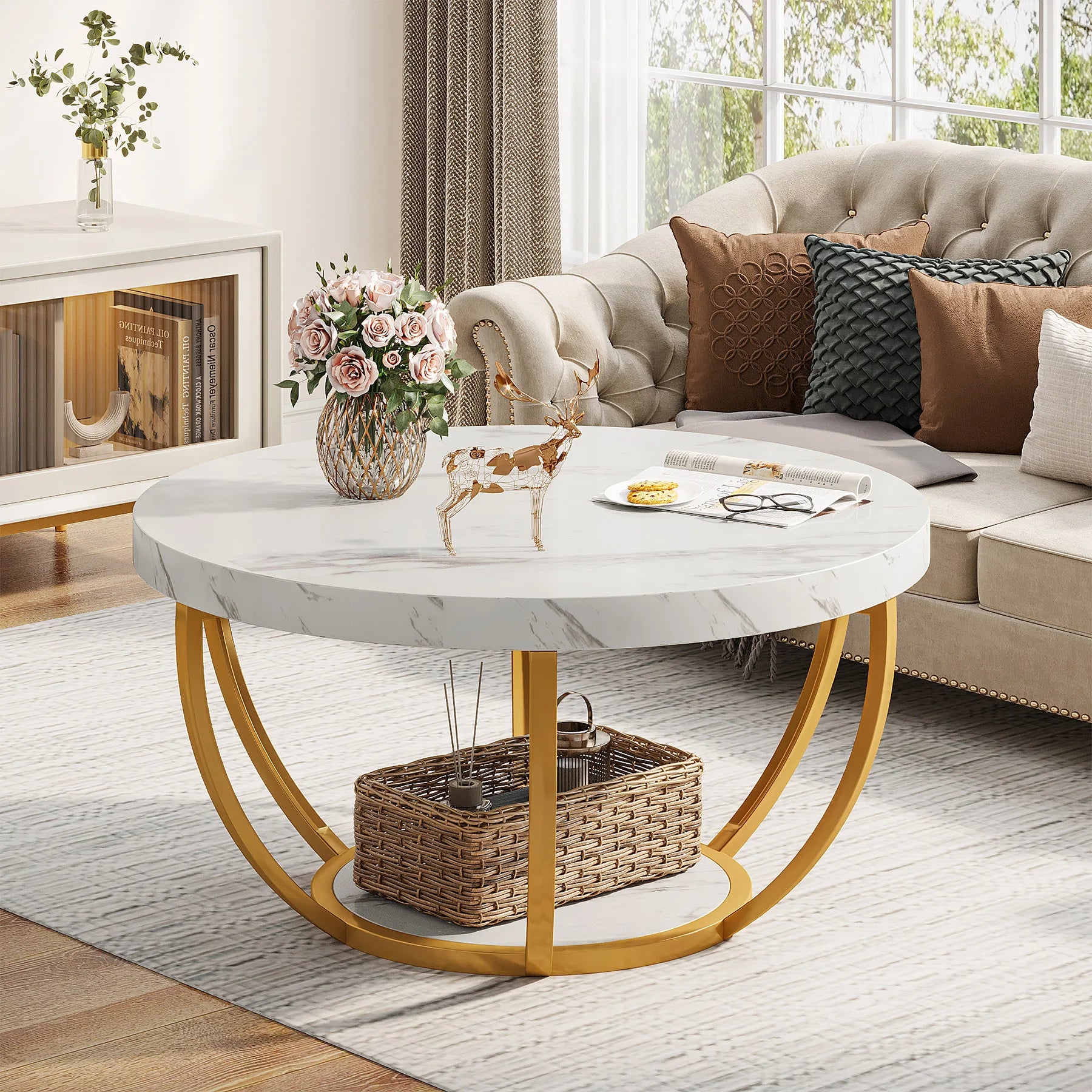Round Industrial Coffee Table with Storage Shelf for Living Room — 31.7" Oak