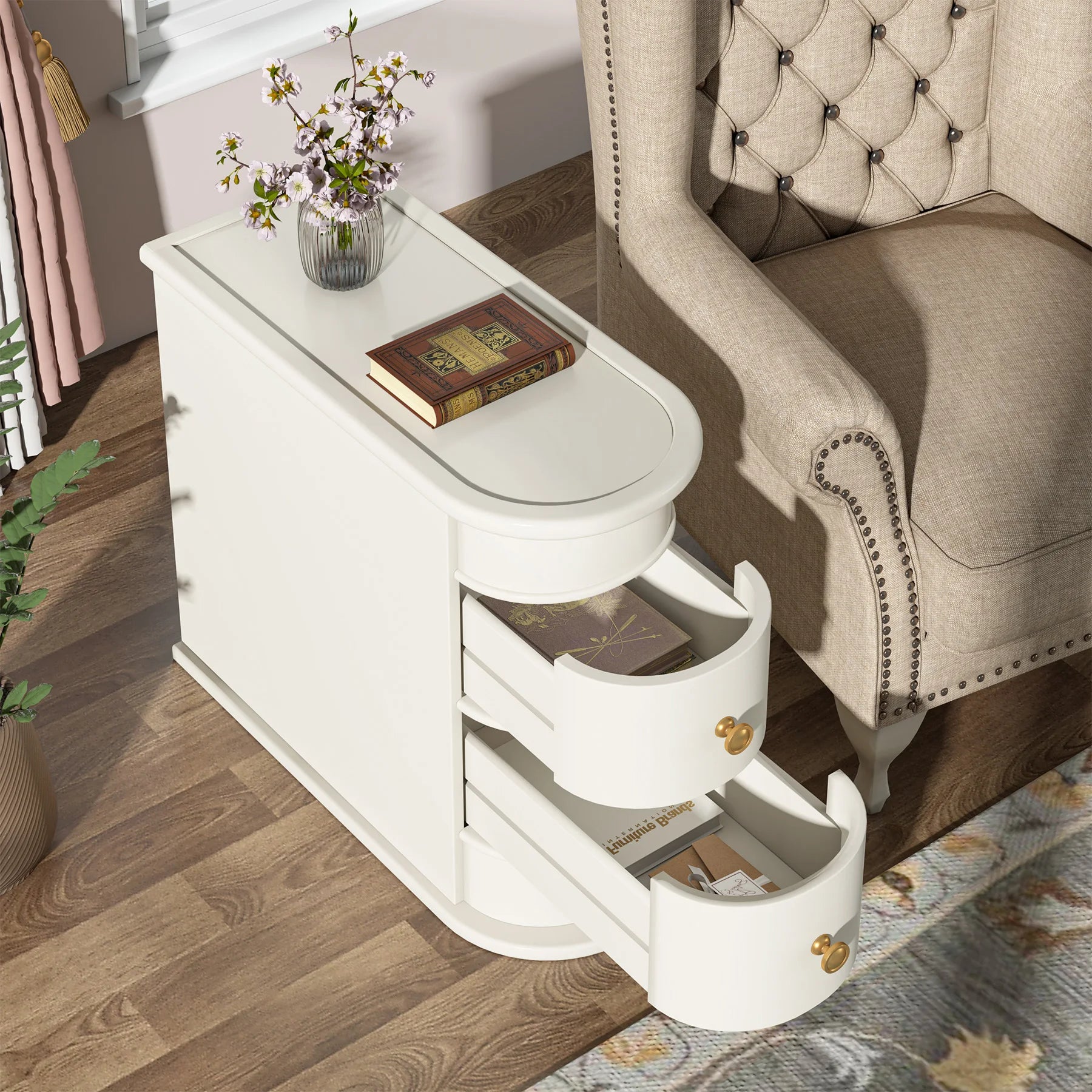 Solid Wood Narrow Side Table Nightstand with 2 Drawers for Living Room — 24" Tall
