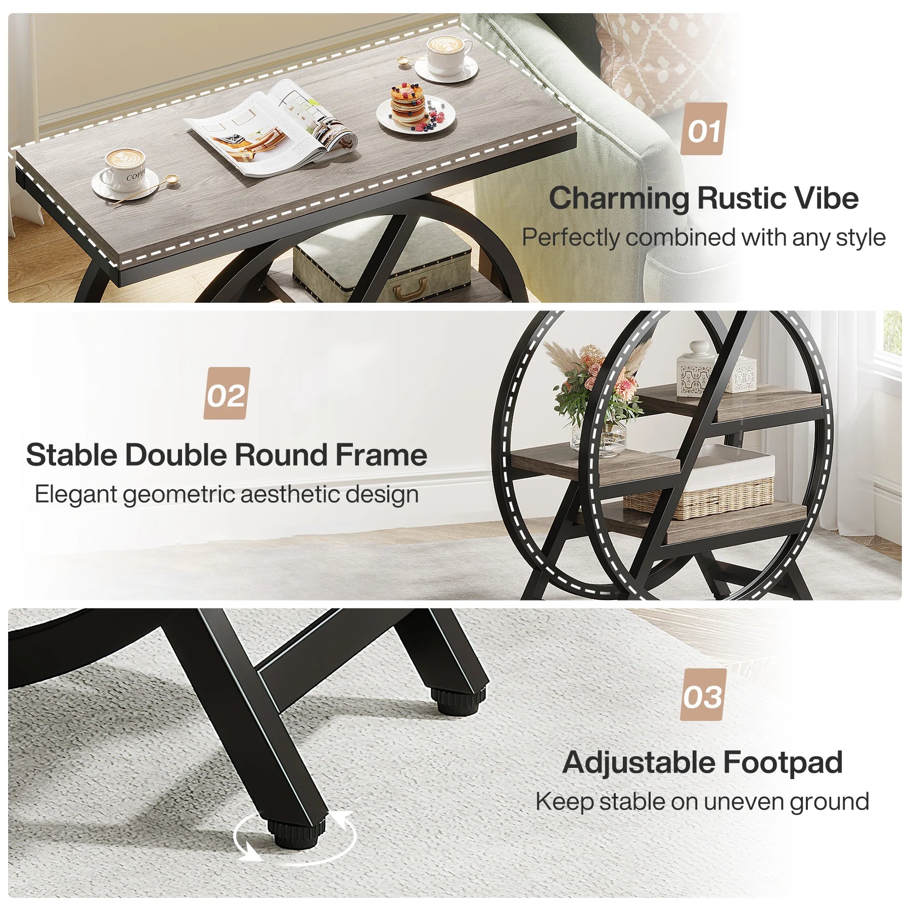 Rustic Wood 3-Tier Side Table with Round Metal Frame for Living Room — Narrow