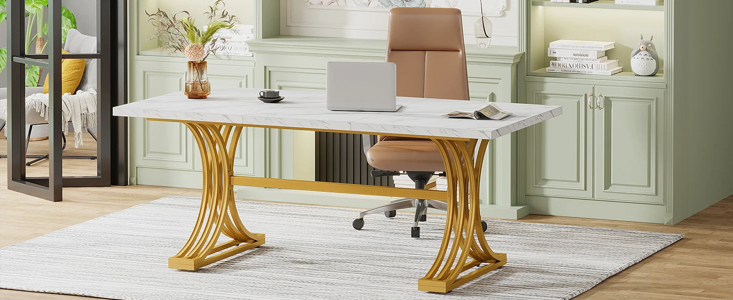 White Executive Desk with Gold Metal Legs for Home Office — 70.9"