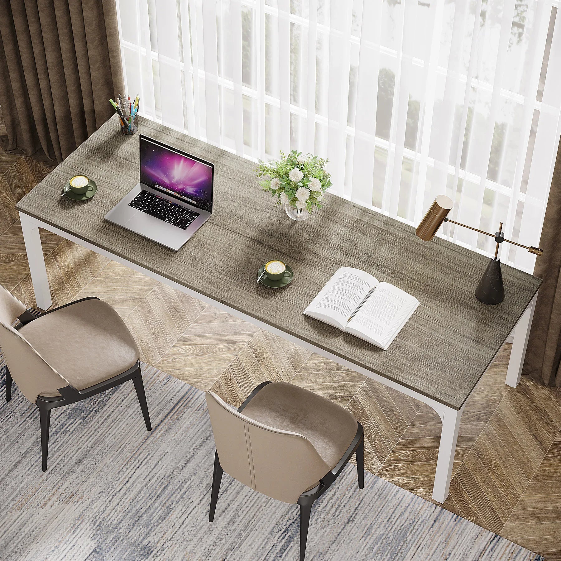 Industrial Wood Computer Desk with Steel Frame for Two-Person Home Office — 78.7"