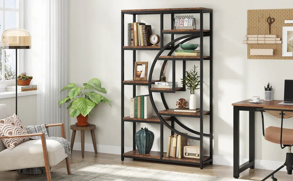 Industrial Etagere Bookcase with Curved Arc for Living Room — 71" Tall Freestanding