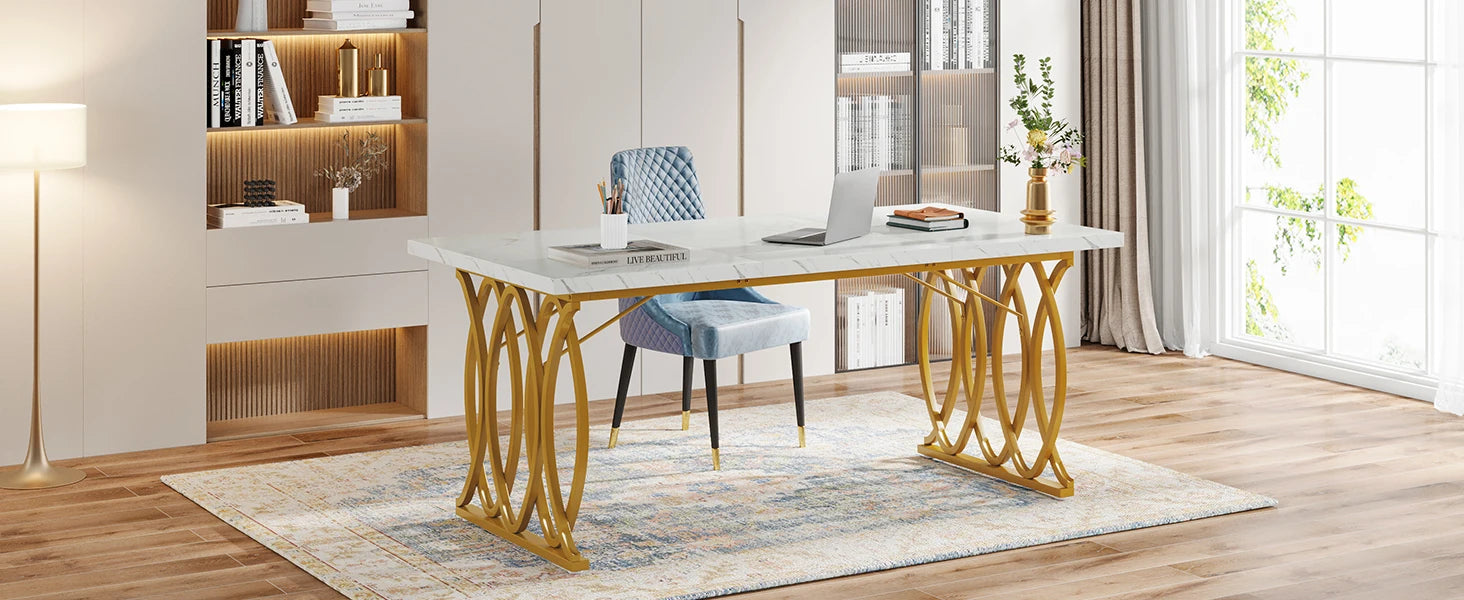 White Executive Desk with Gold Metal Legs for Home Office — 70.9"