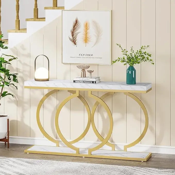 Faux Marble Console Table, 55" Gold Entryway Table — Narrow Sofa Table for Living Room & Hallway