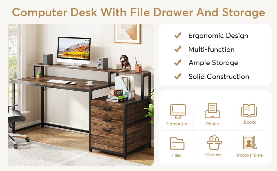 Industrial Computer Desk with 3 Drawers for Home Office — 59in Writing Table