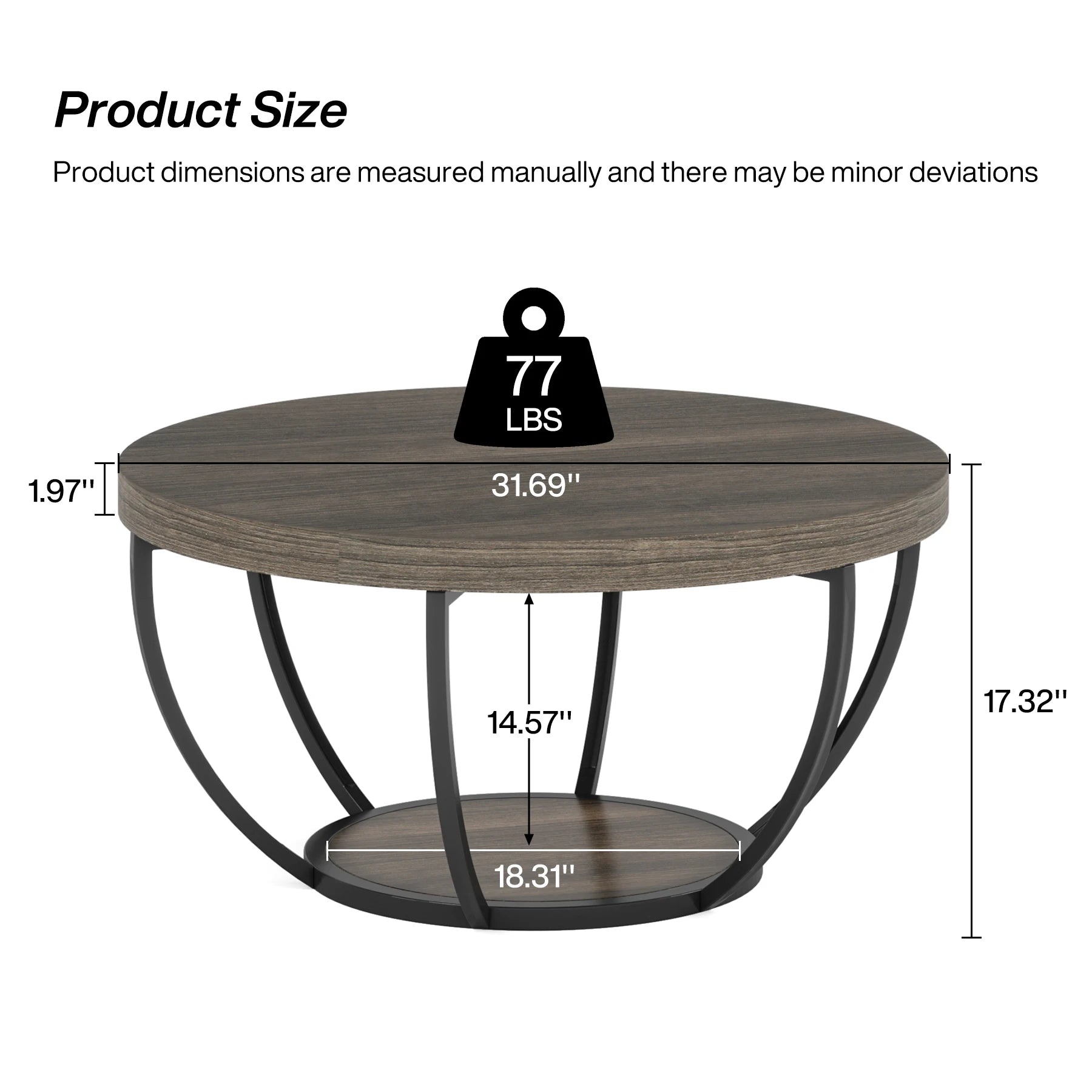 Round Industrial Coffee Table with Storage Shelf for Living Room — 31.7" Oak