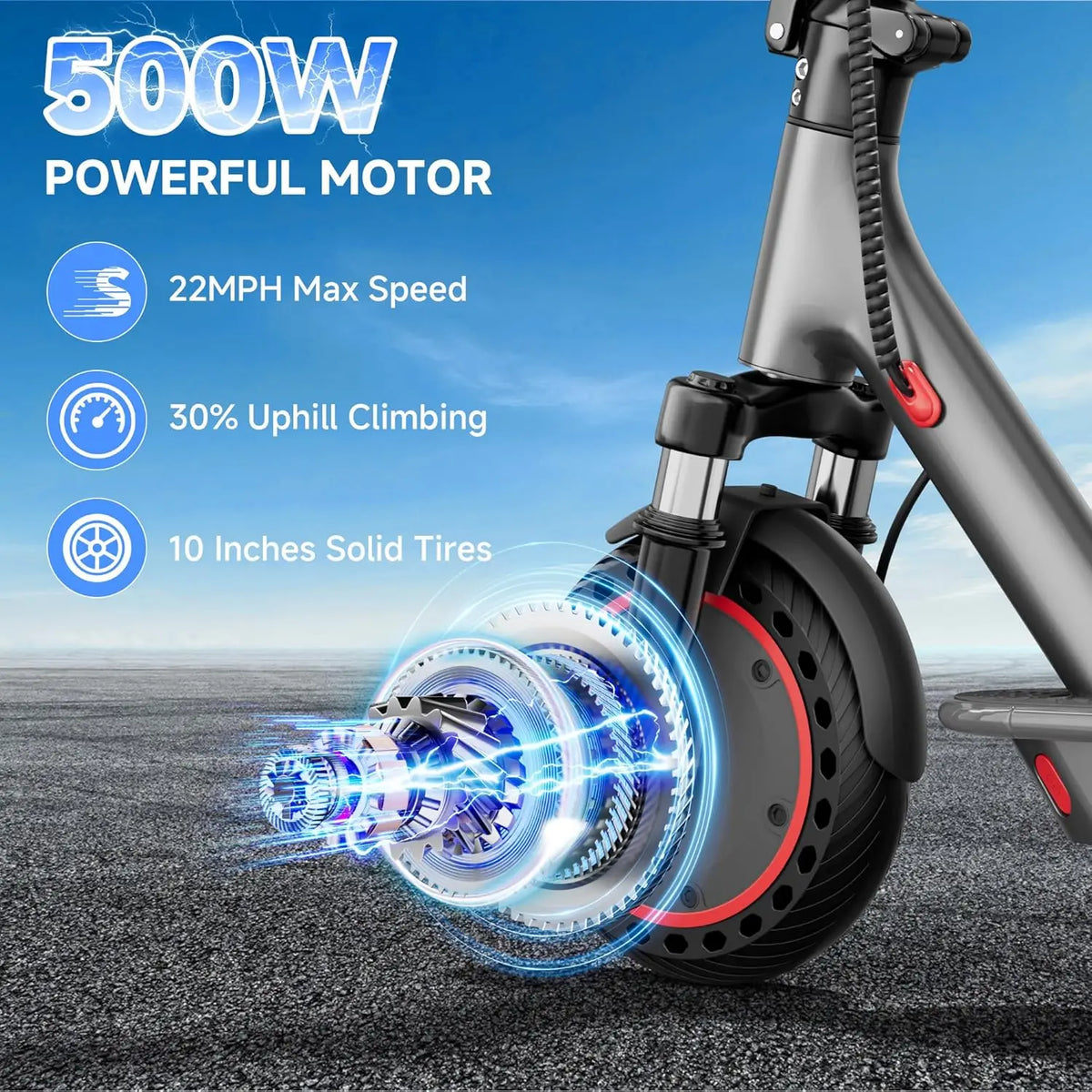 Electric Scooter for Adults — 500W Motor, 22 MPH, 10" Solid Tyres, Foldable