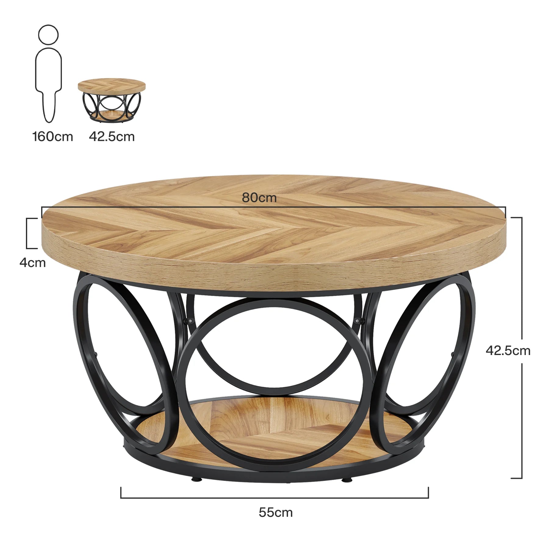Round Industrial Coffee Table with Storage Shelf for Living Room — 31.7" Oak