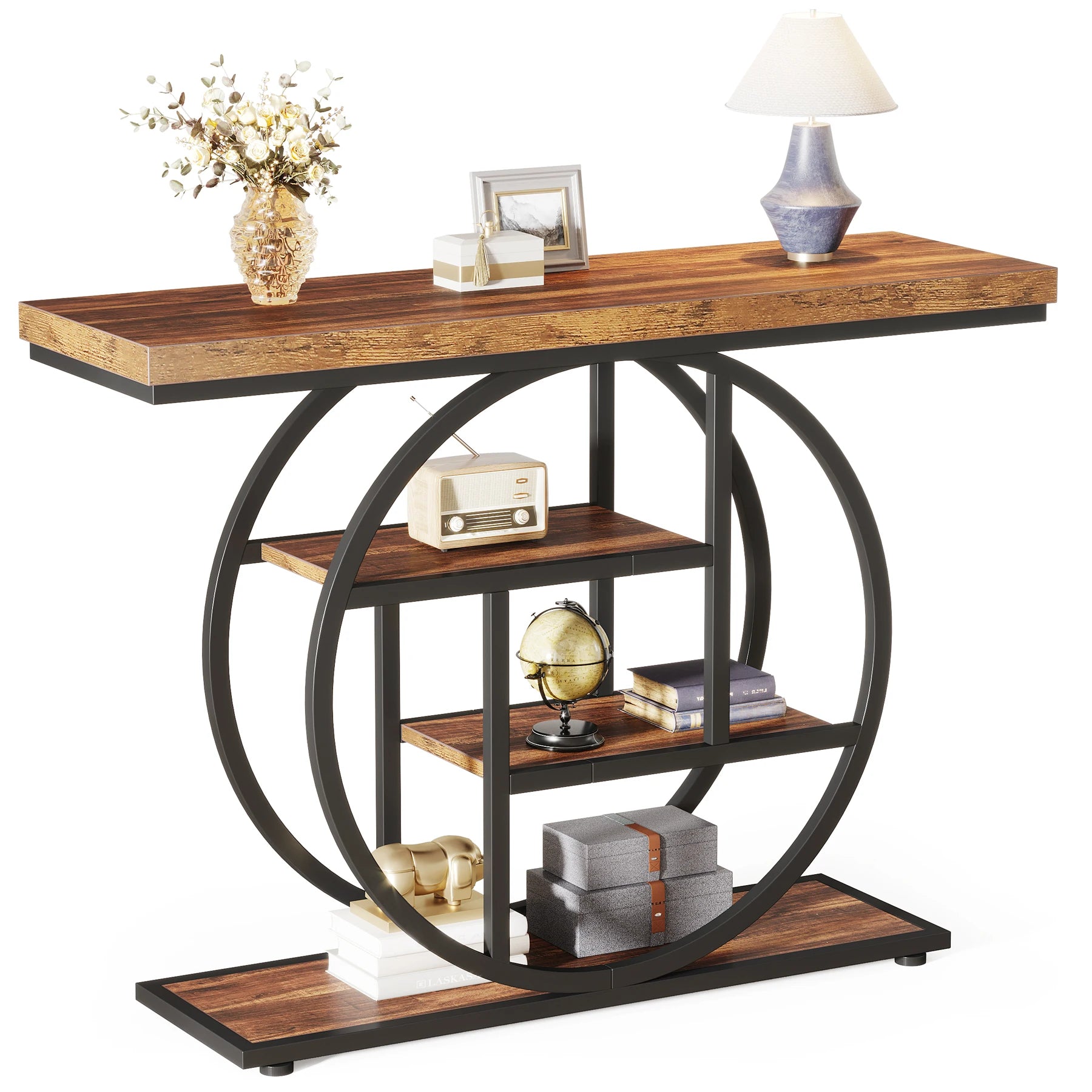 Rustic Wood 4-Tier Console Table with Round Metal Frame for Entryway — 41.3in