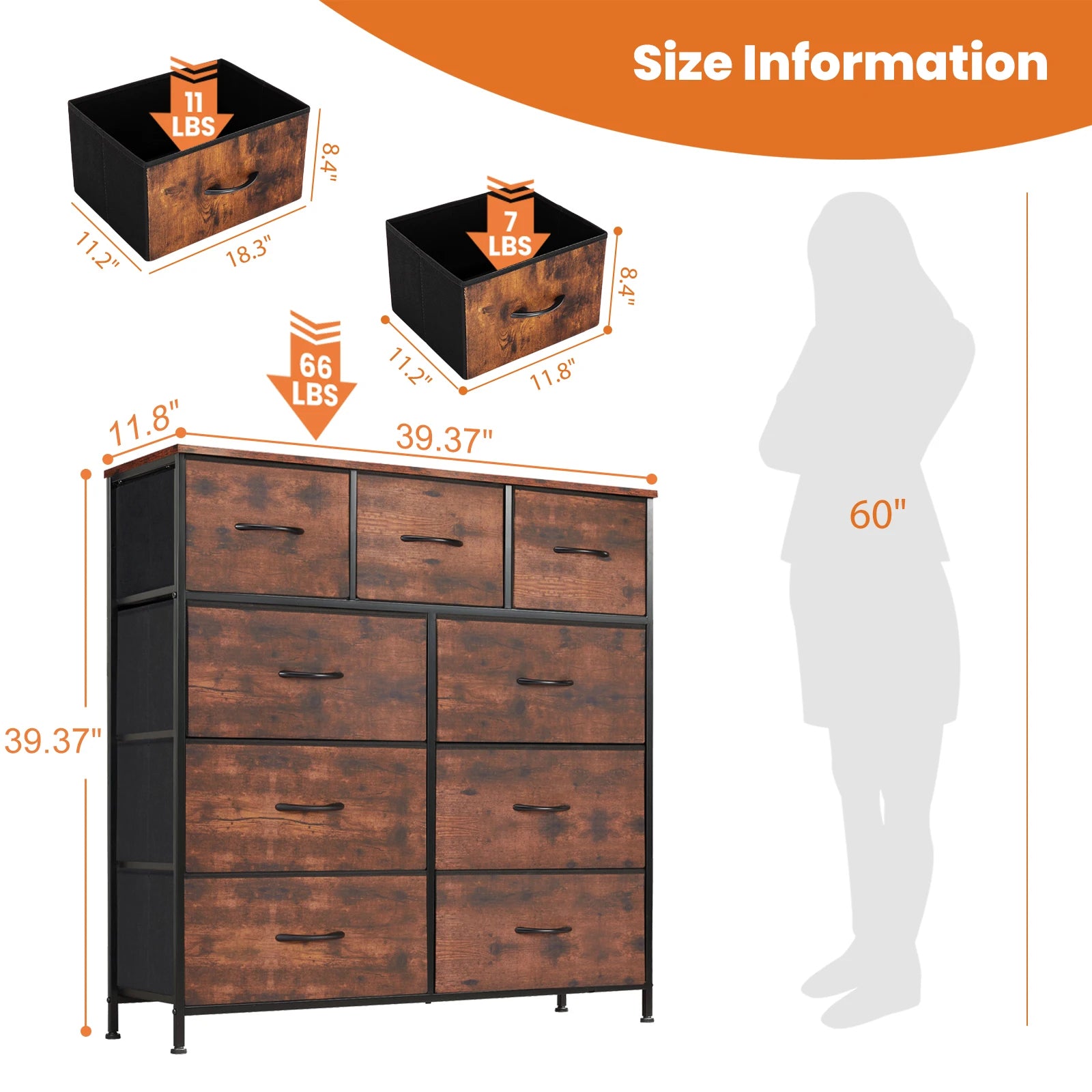 Rustic Wood-Look Dresser with 9 Fabric Drawers for Bedroom — Tall Industrial Chest