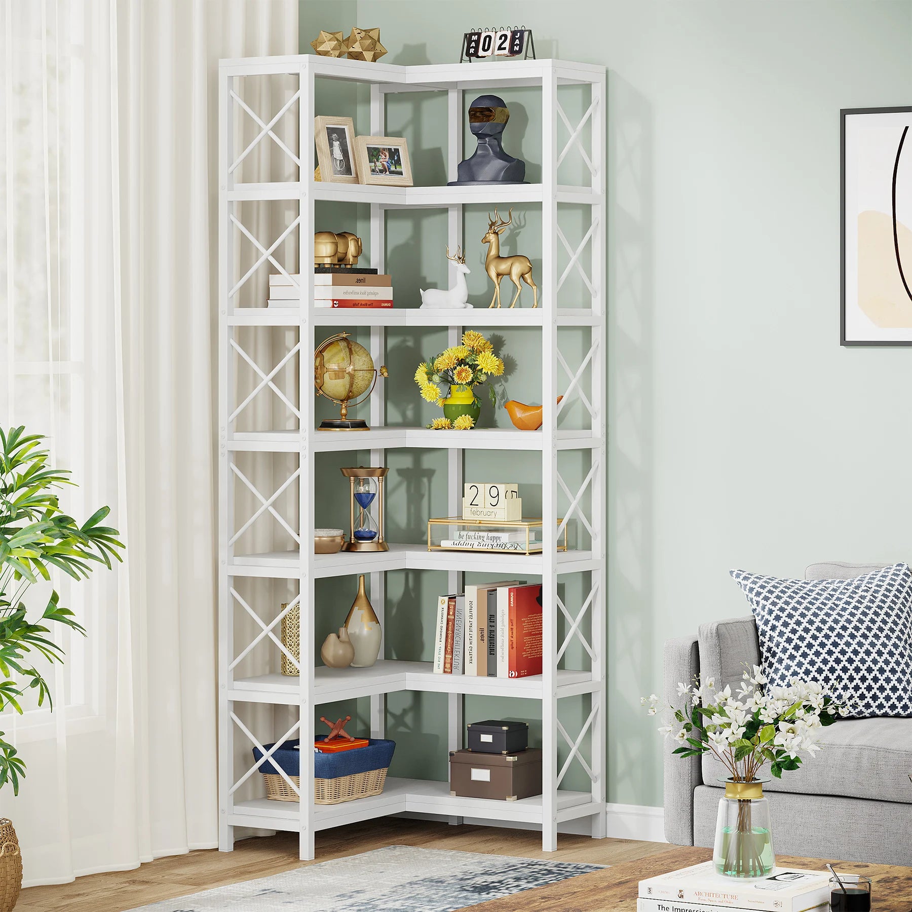 Industrial Corner Bookcase with 7 Shelves and Black Metal Frame for Living Room — 71" Tall