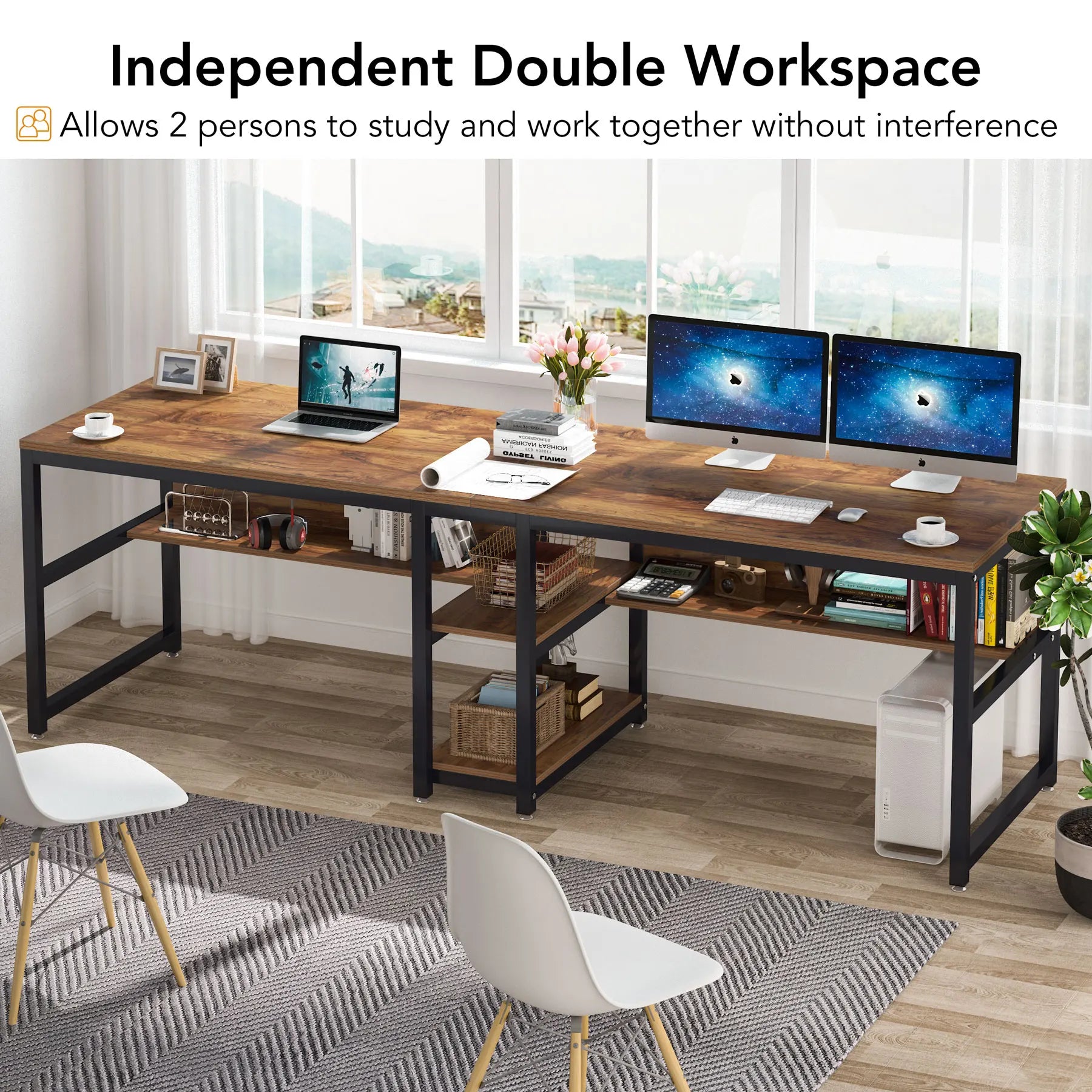 Rustic Two-Person Desk with Bookshelf for Home Office — 78.7in Double Workstation