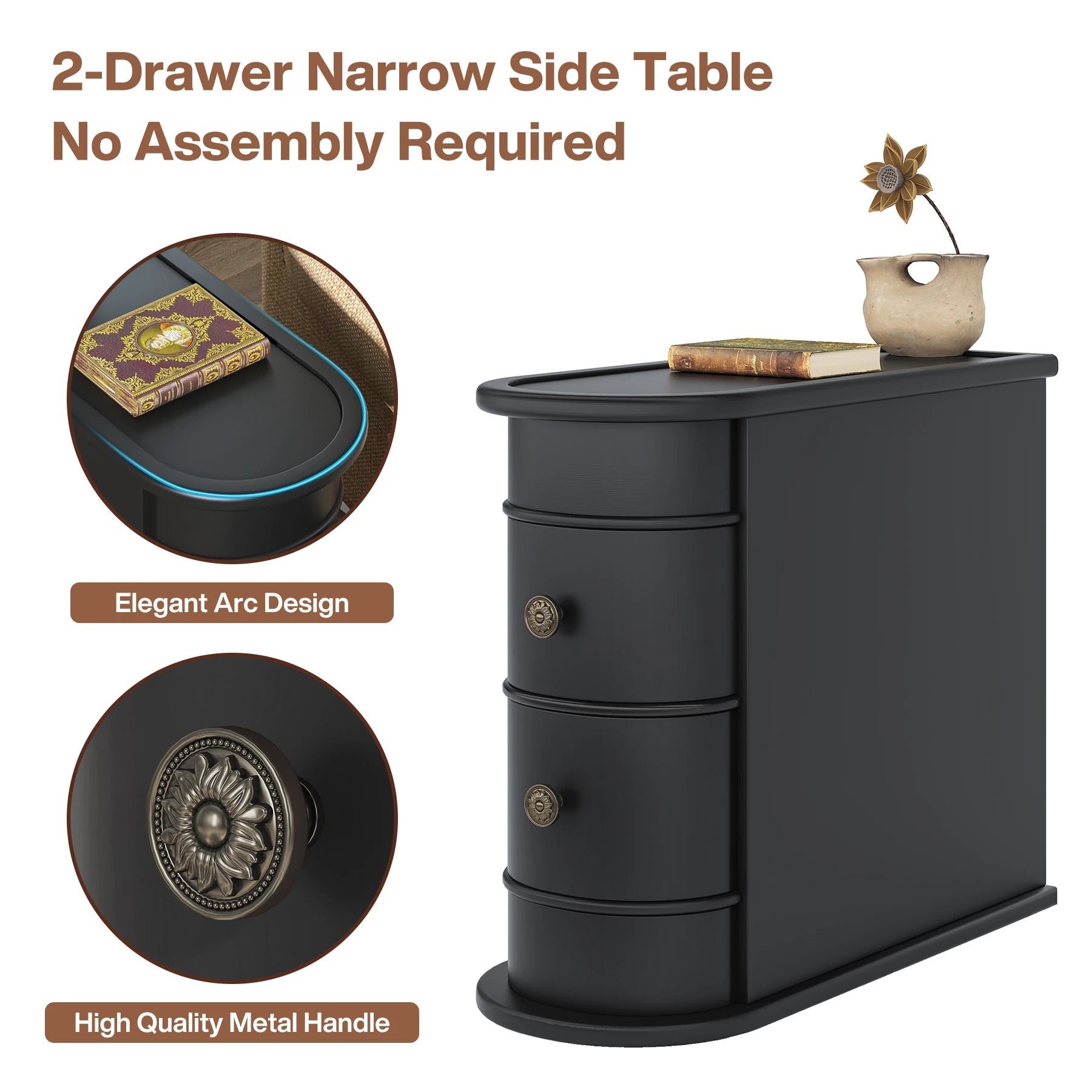 Solid Wood Narrow Side Table Nightstand with 2 Drawers for Living Room — 24" Tall