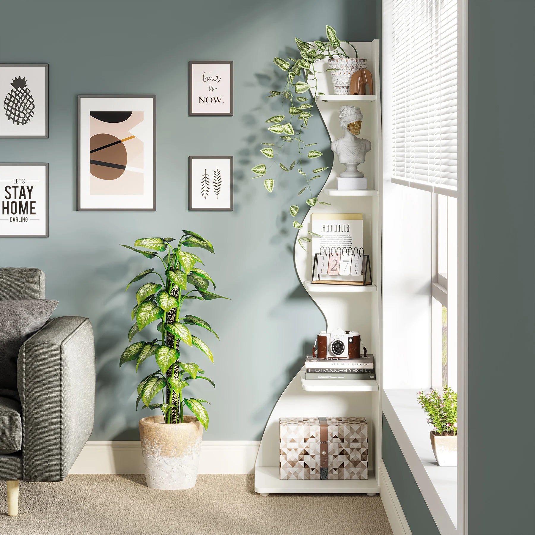 White Wave 5-Tier Corner Bookshelf with Curved Silhouette for Living Room — 65"H Floor Shelf