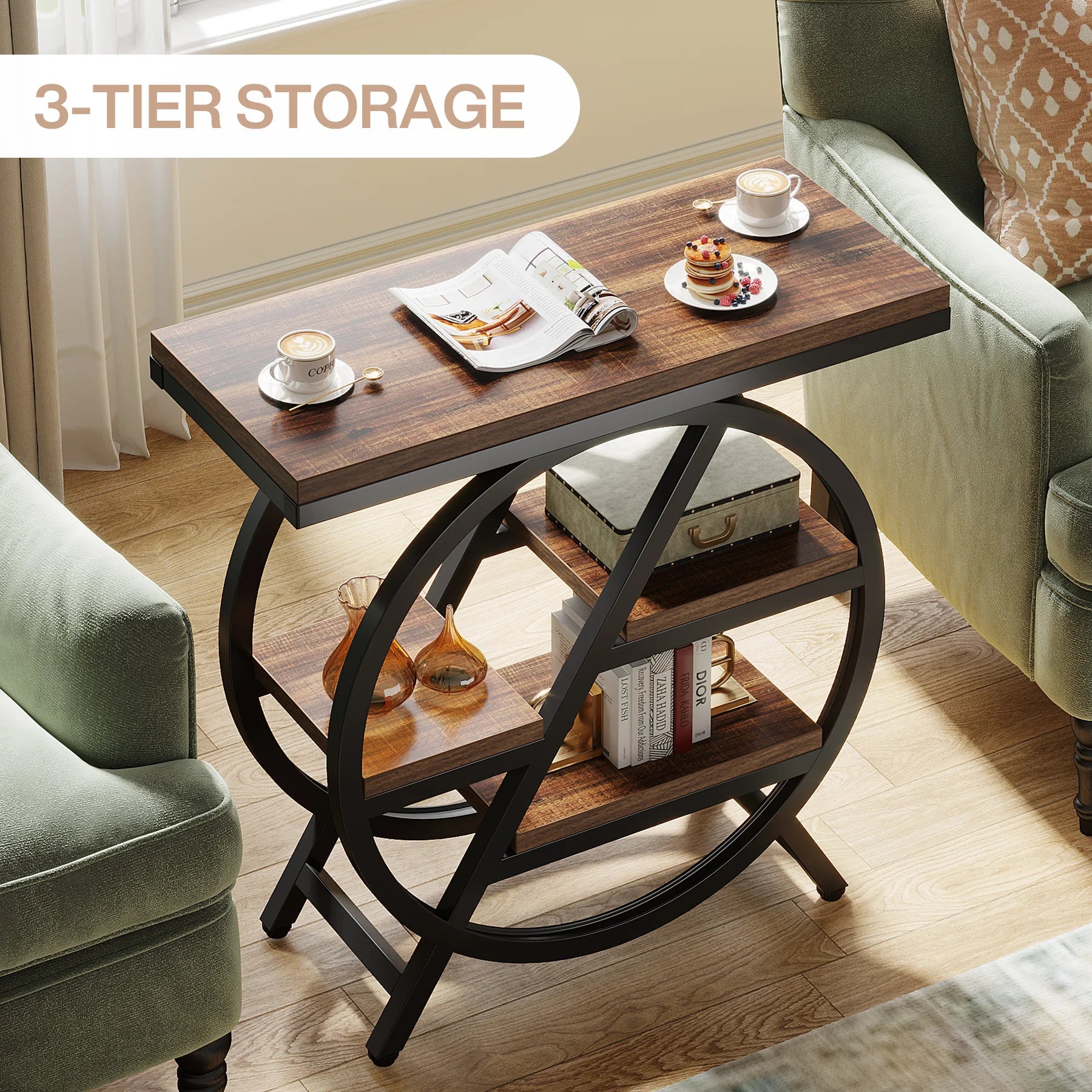 Rustic Wood 3-Tier Side Table with Round Metal Frame for Living Room — Narrow