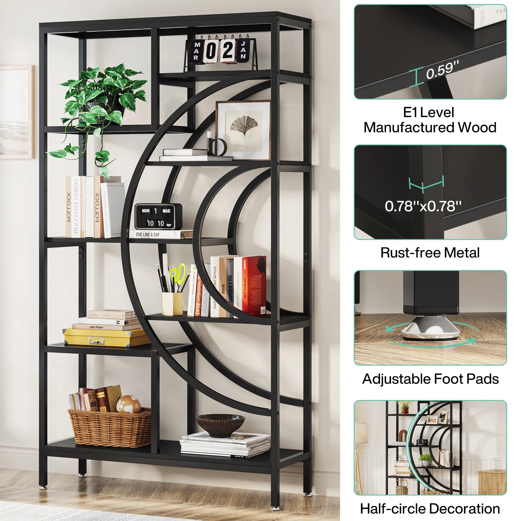Industrial Etagere Bookcase with Curved Arc for Living Room — 71" Tall Freestanding