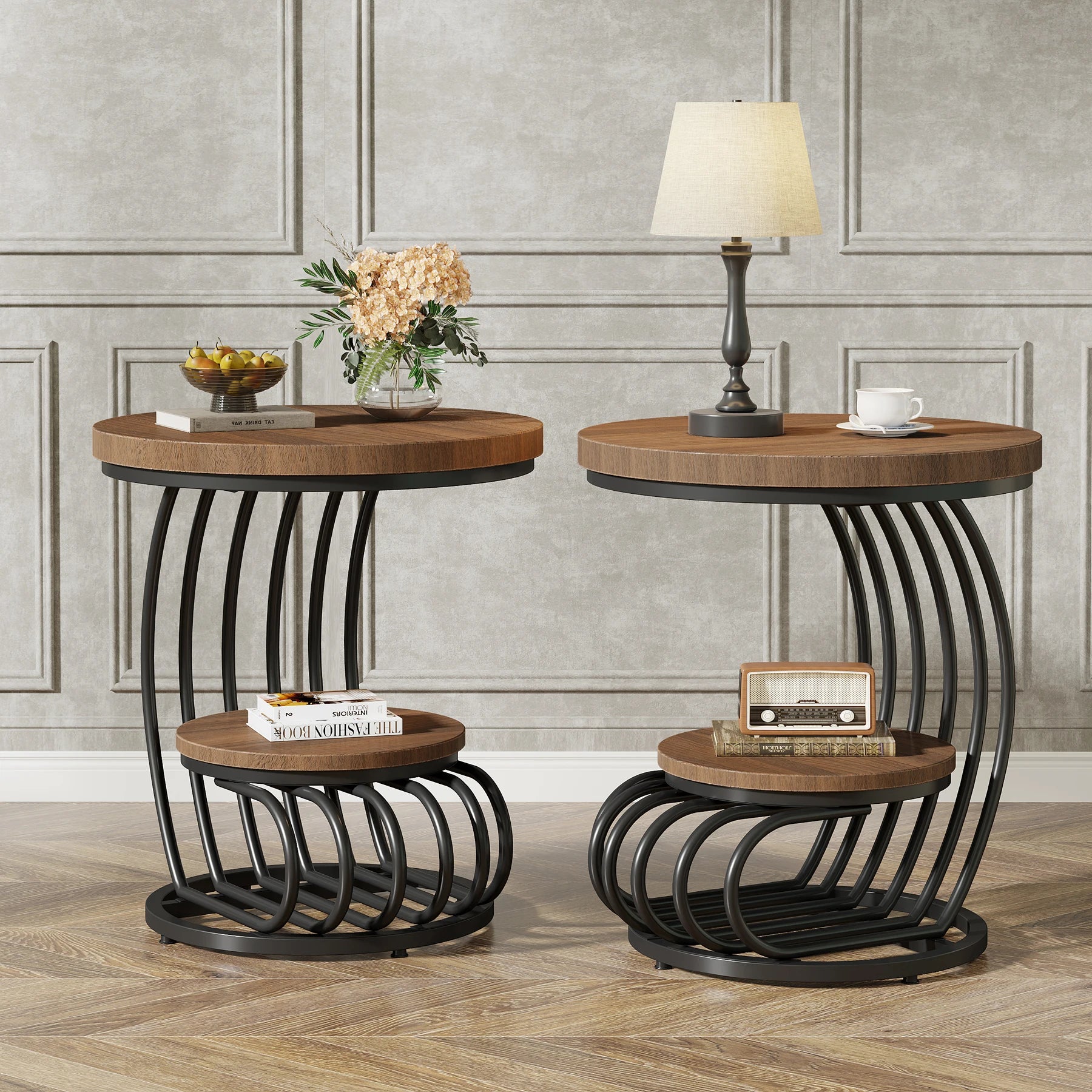 Gold Round Side Table with Faux-Marble Tiers for Living Room — 20-inch Sculptural Accent Table