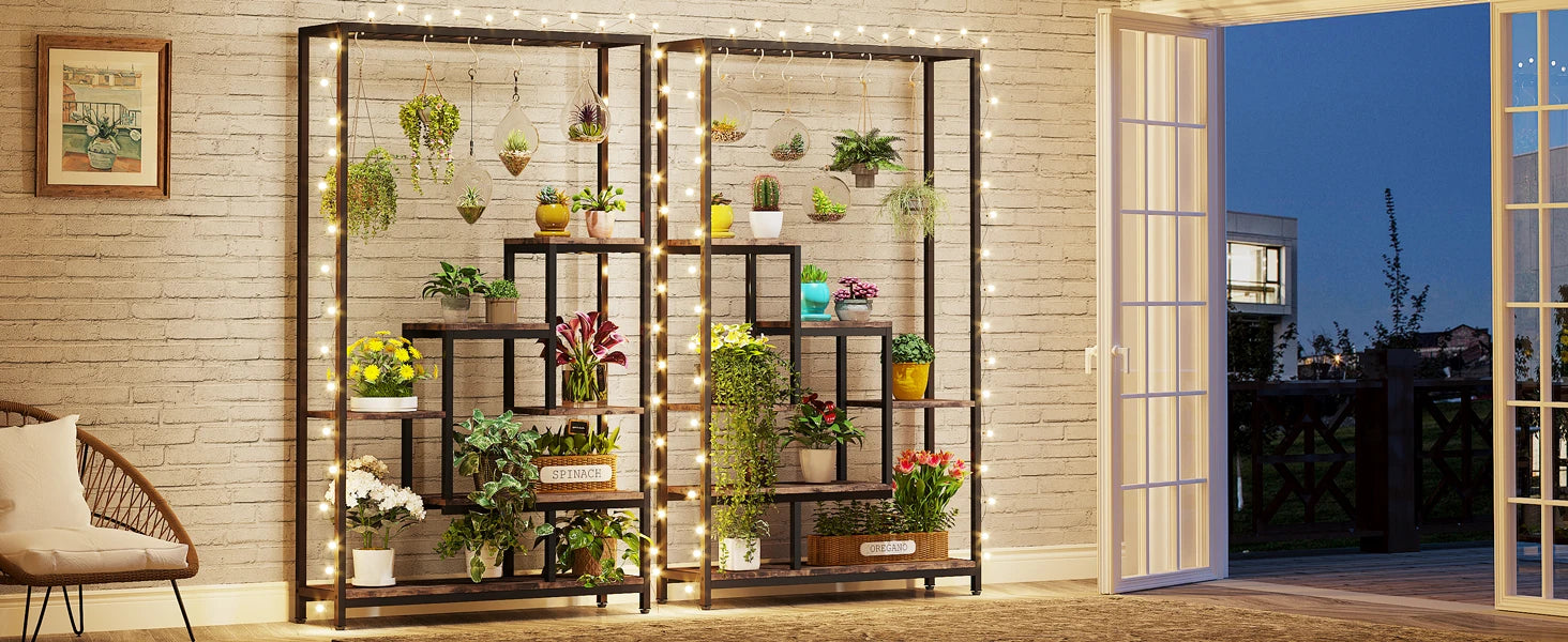 Industrial Metal Plant Stand with Hanging Hooks for Living Room — 5-Tier, 70.9in Tall