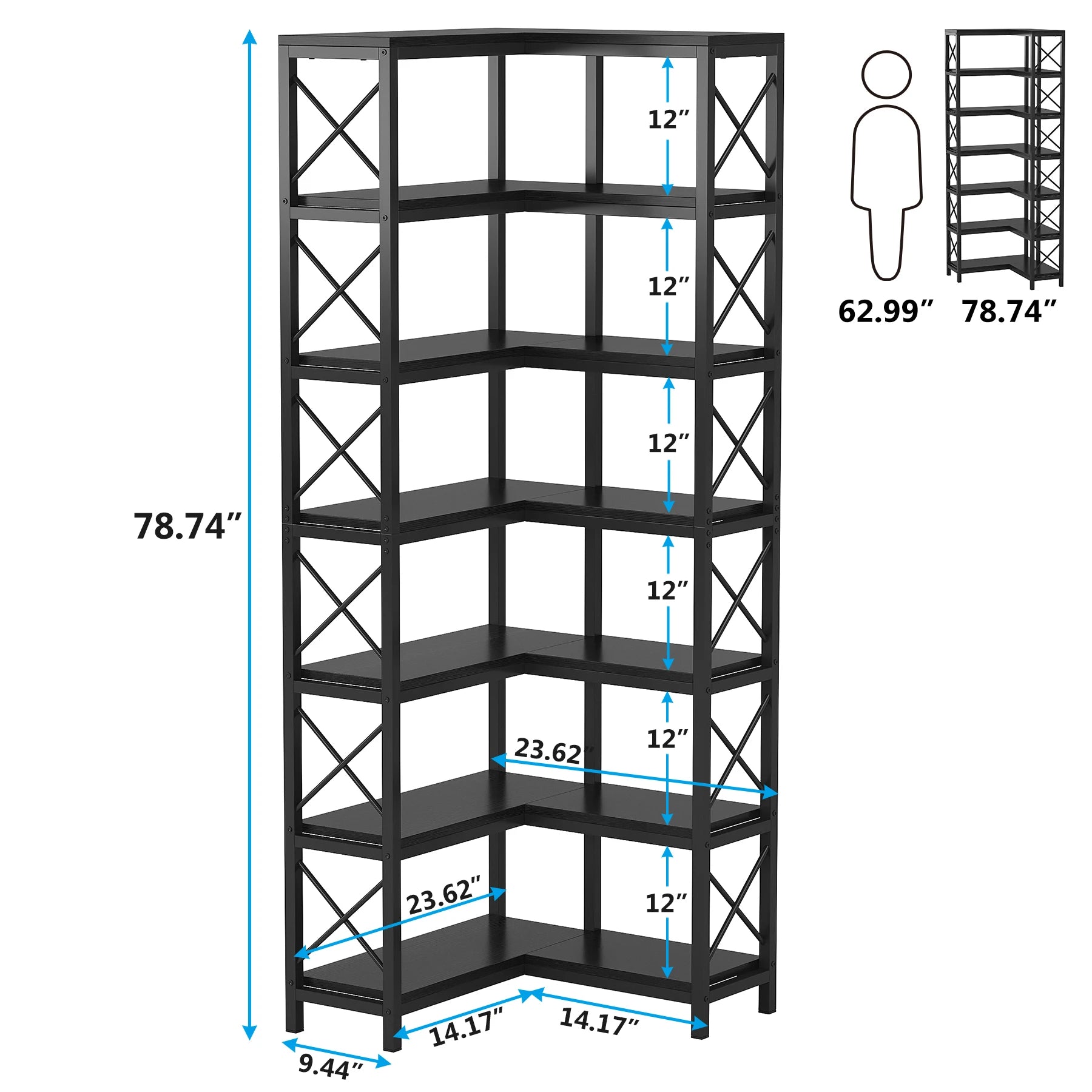 Industrial Corner Bookcase with 7 Shelves and Black Metal Frame for Living Room — 71" Tall