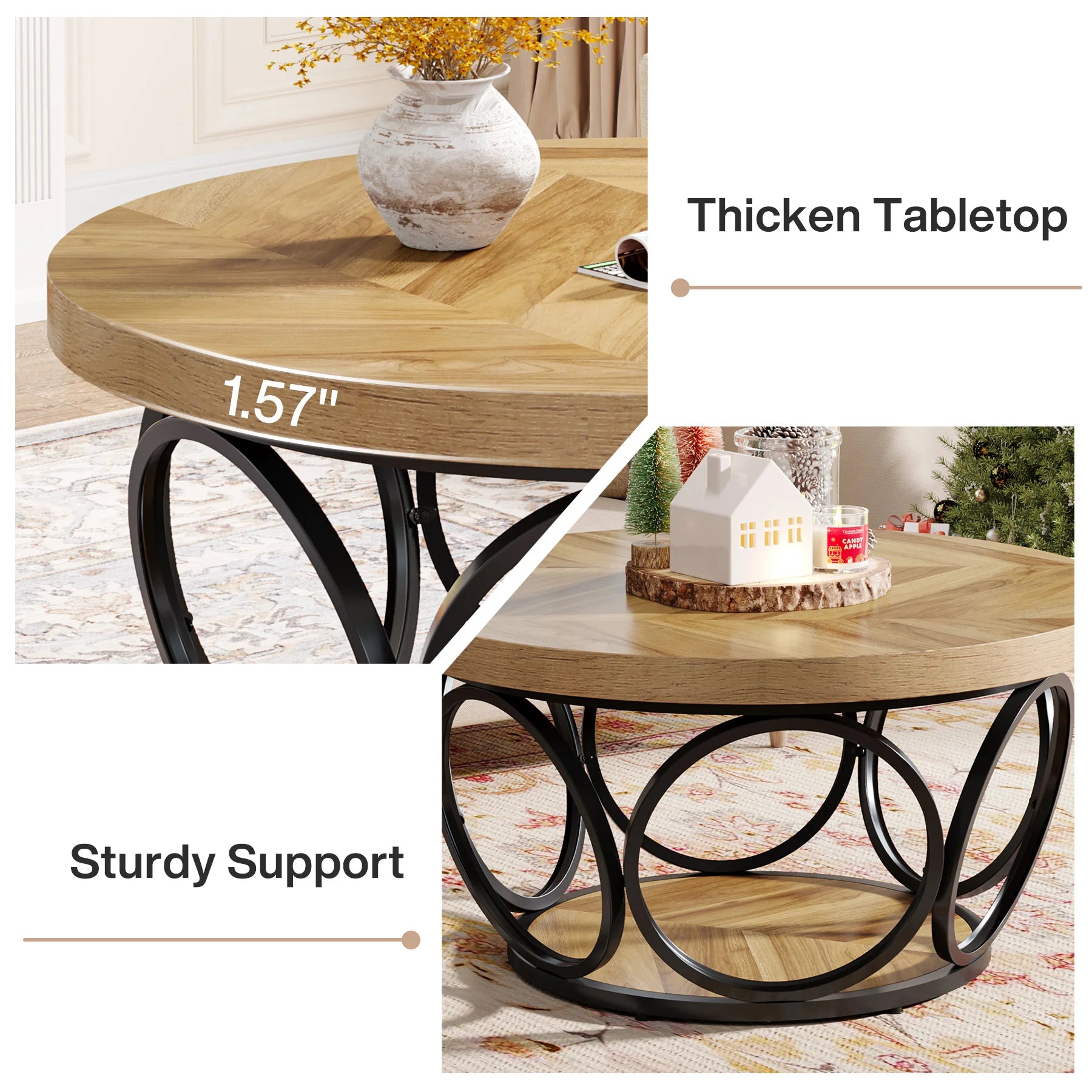 Round Industrial Coffee Table with Storage Shelf for Living Room — 31.7" Oak