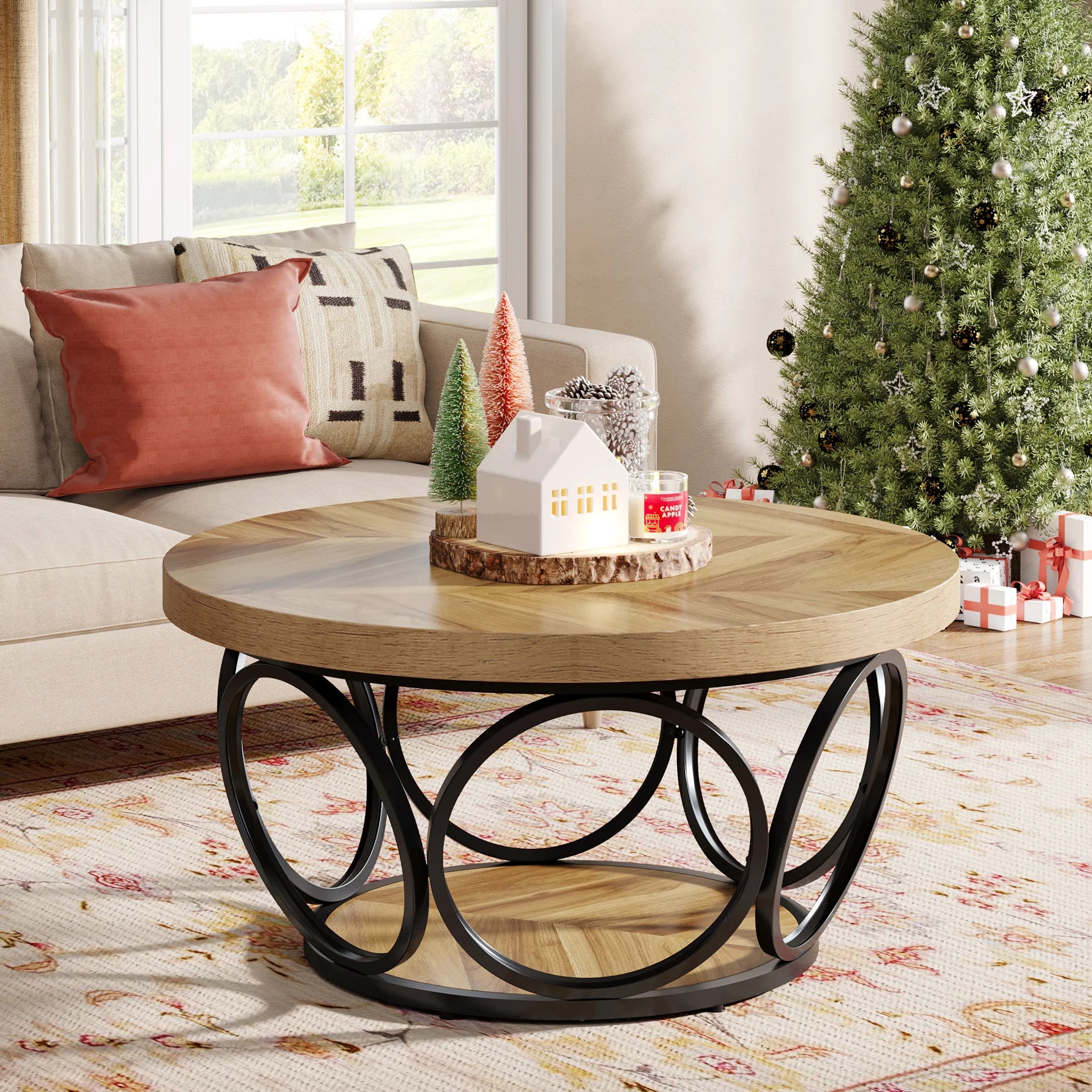 Round Industrial Coffee Table with Storage Shelf for Living Room — 31.7" Oak
