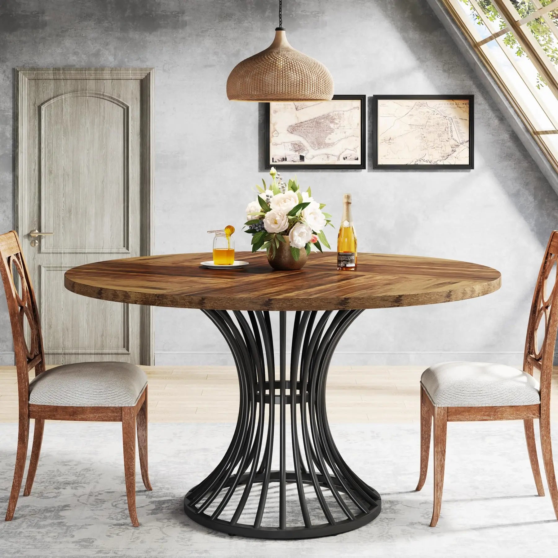 Walnut Round Dining Table with Sculptural Metal Pedestal for 4-6 — 47in