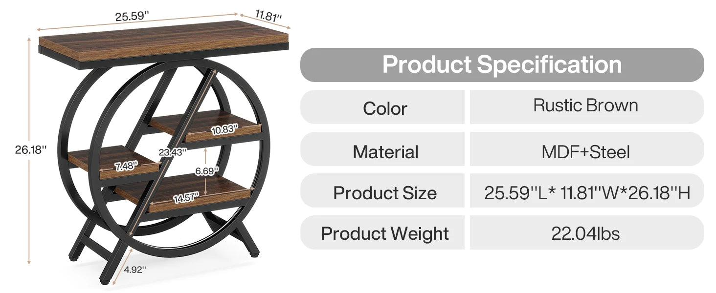 Rustic Wood 3-Tier Side Table with Round Metal Frame for Living Room — Narrow