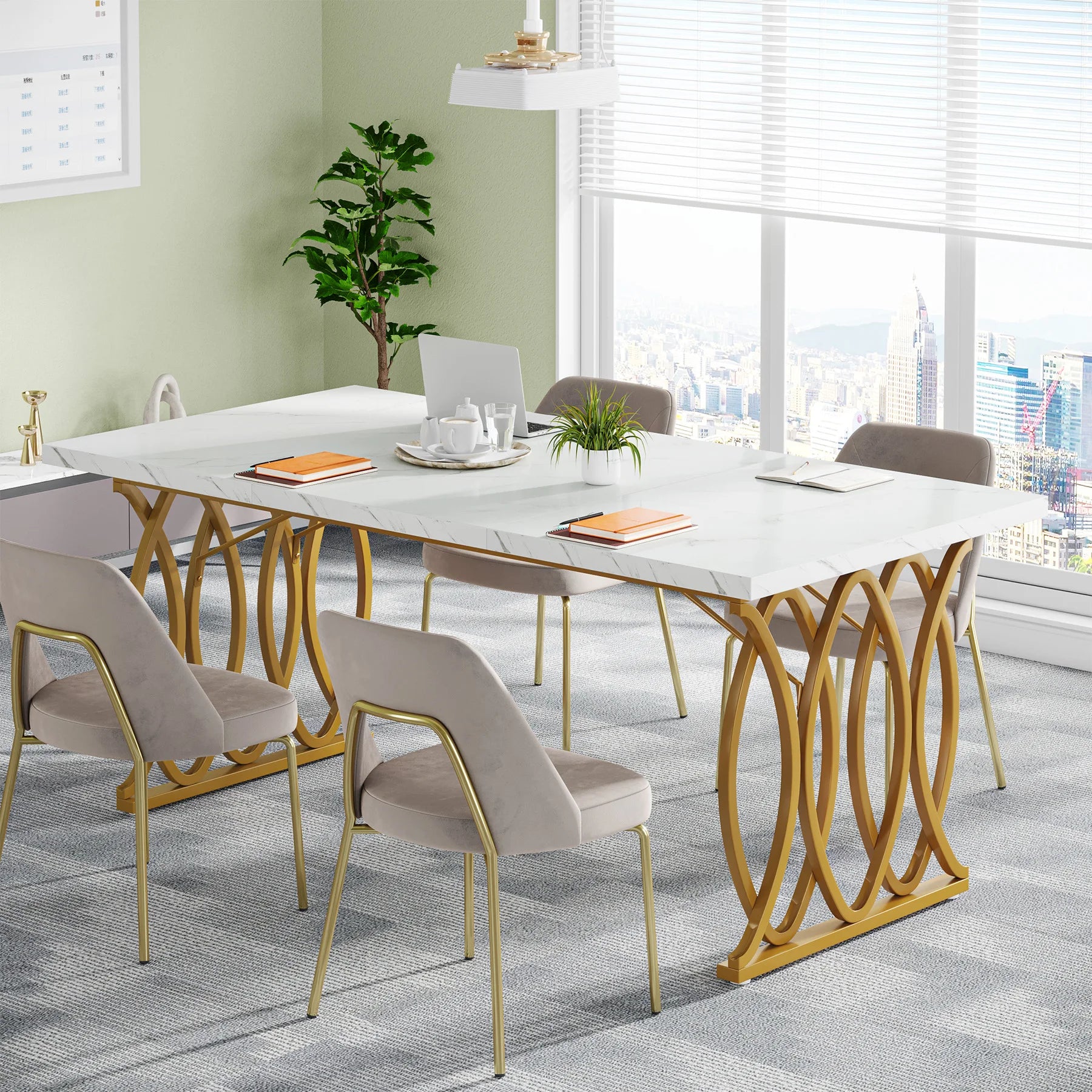 White Executive Desk with Gold Metal Legs for Home Office — 70.9"