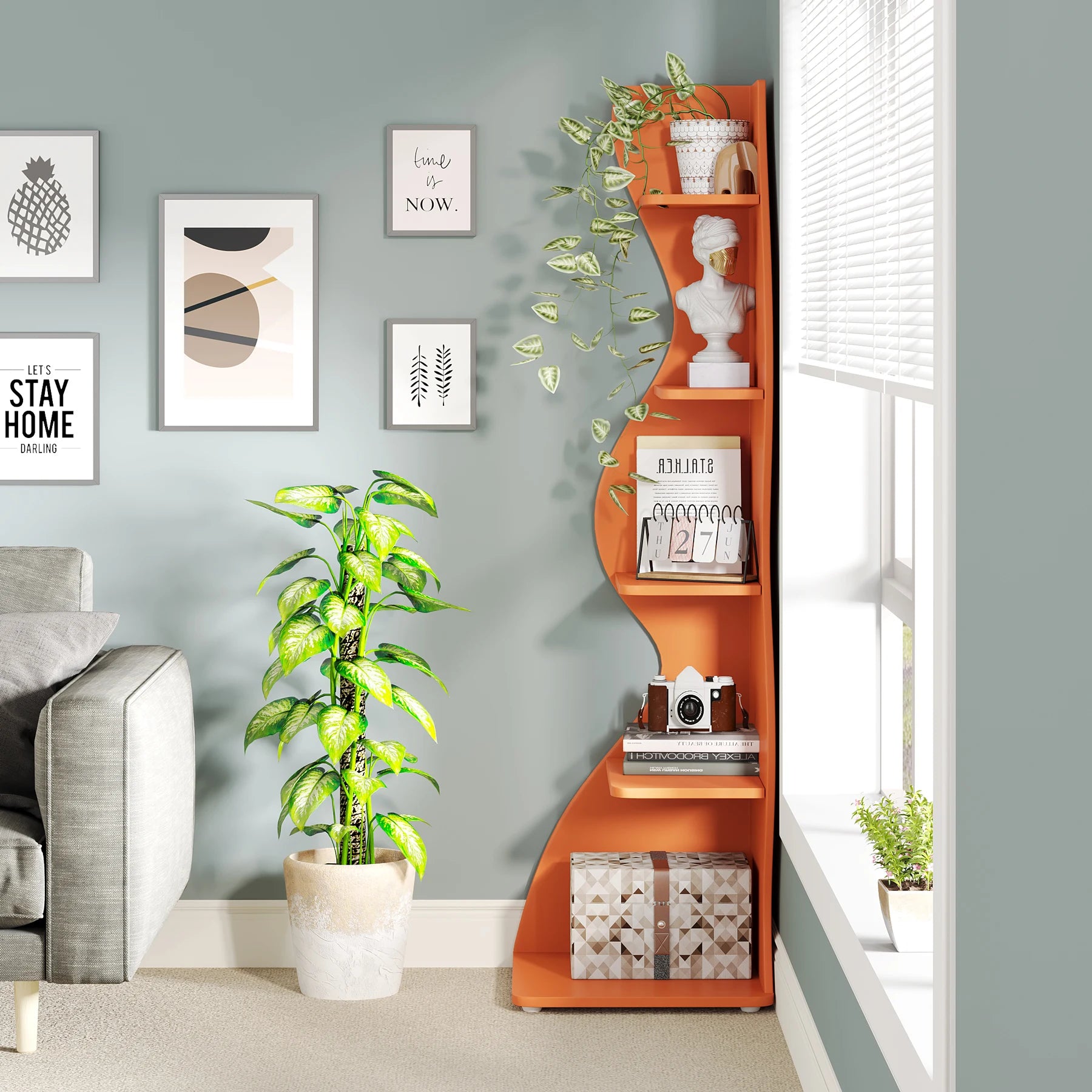 White Wave 5-Tier Corner Bookshelf with Curved Silhouette for Living Room — 65"H Floor Shelf