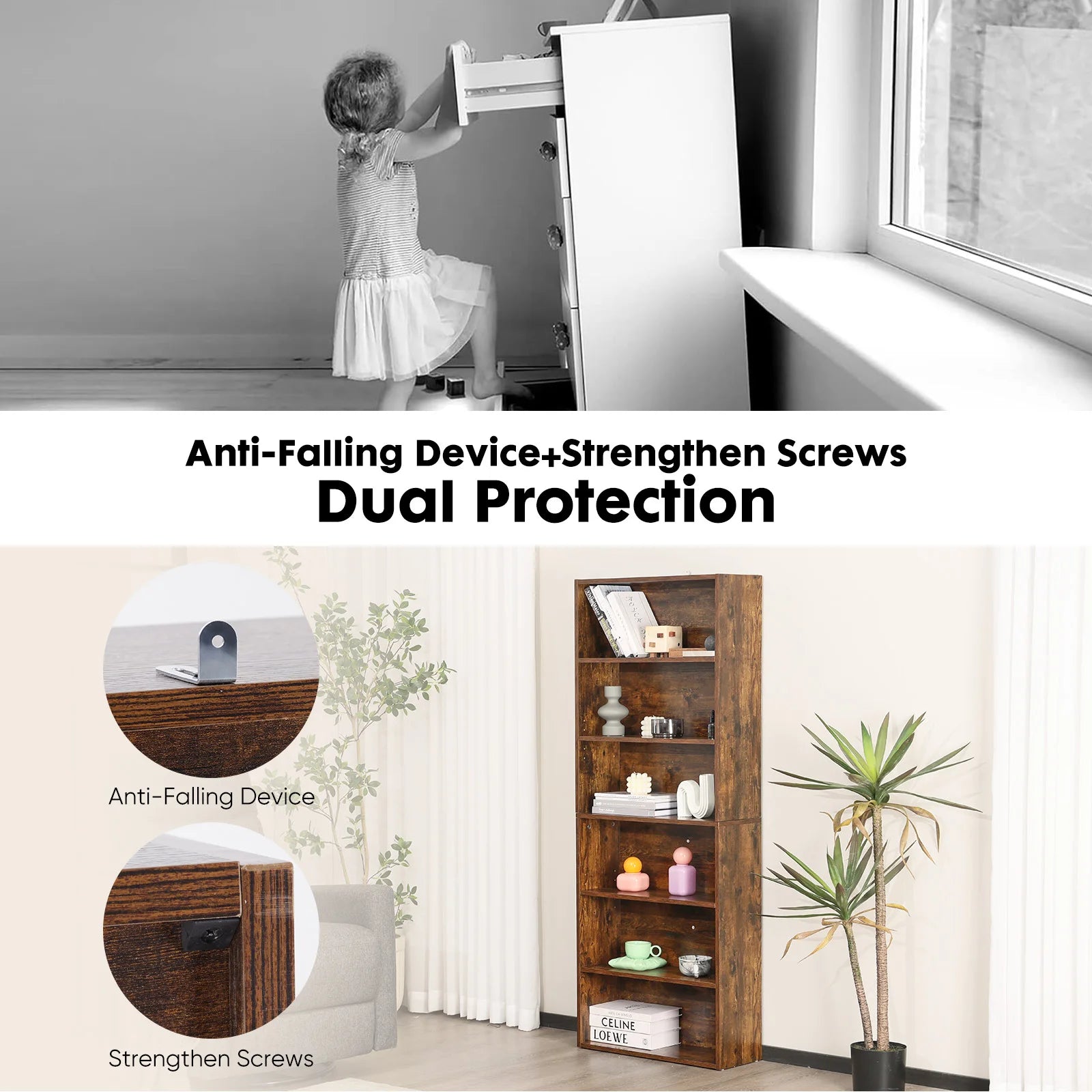 Rustic Wood 6-Tier Bookcase with Open Shelves for Living Room — 63" Tall