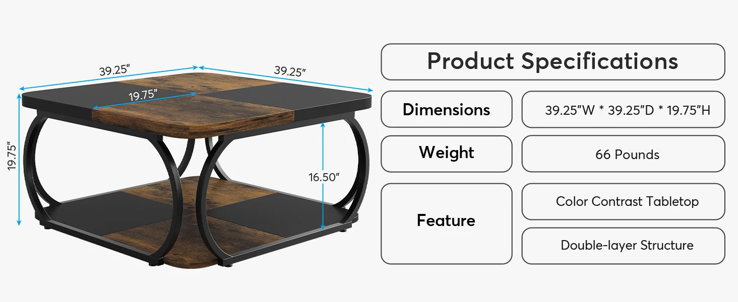 Two-Tone Wood Coffee Table with Storage Shelf for Living Room — 40in Square, Curved Metal Frame