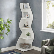 White Wave 5-Tier Corner Bookshelf with Curved Silhouette for Living Room — 65"H Floor Shelf
