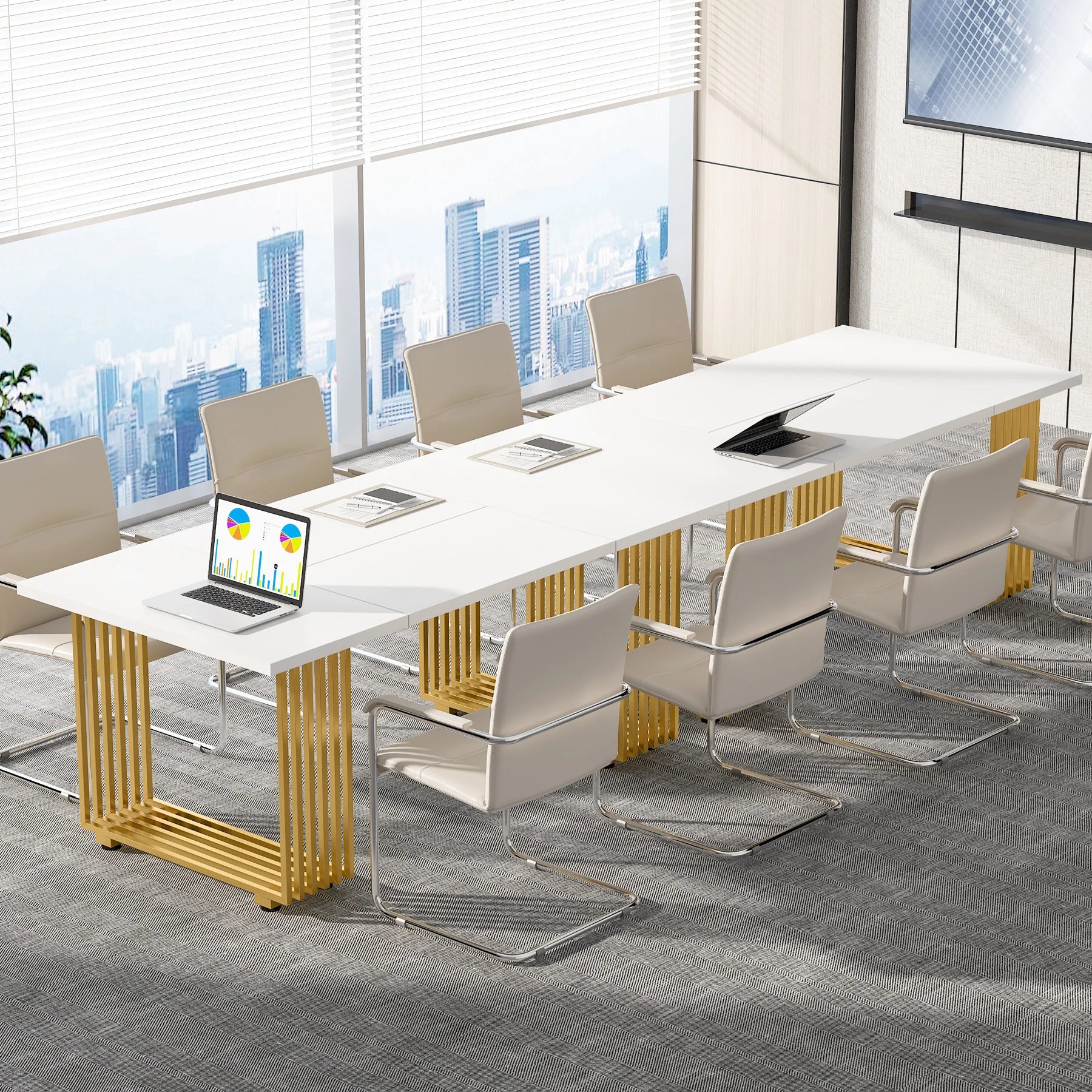 White Executive Desk with Gold Metal Legs for Home Office — 70.9"