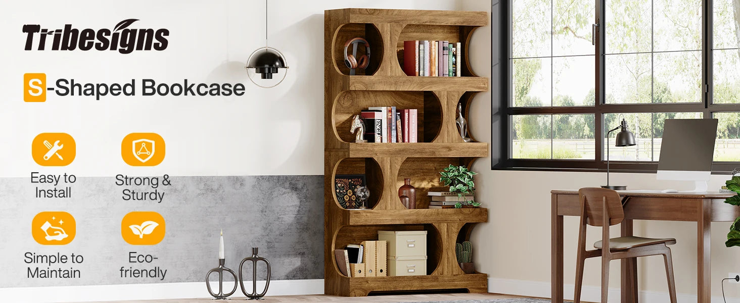 Two-Tone Curved Bookcase with Sculptural Cutout Shelves for Living Room — 71" Tall, 4 Tiers