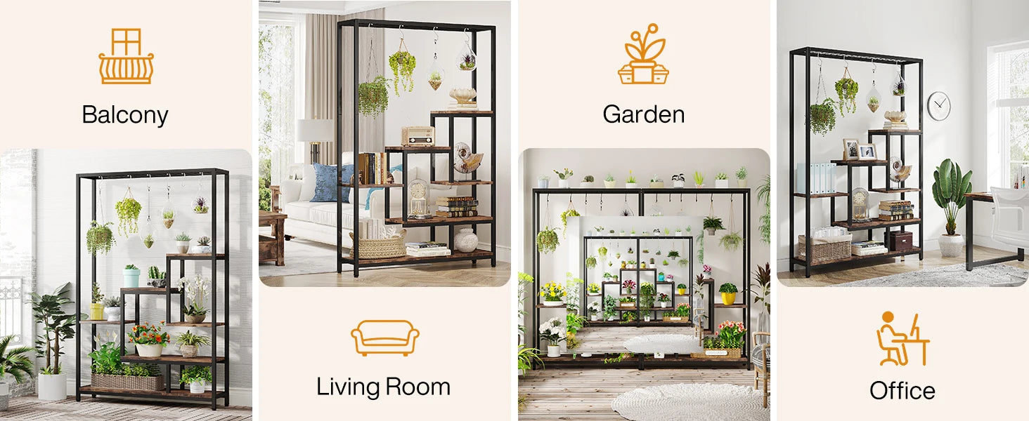 Industrial Metal Plant Stand with Hanging Hooks for Living Room — 5-Tier, 70.9in Tall