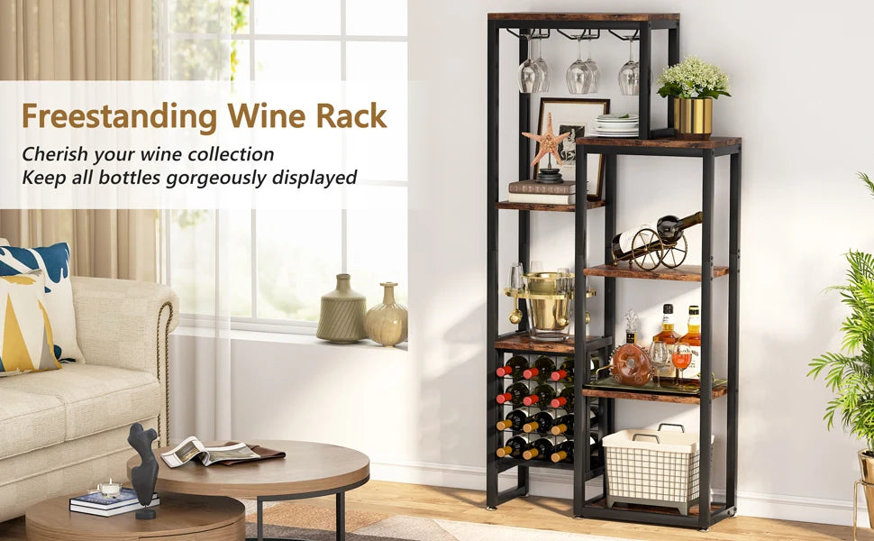 Industrial Wine Bakers Rack, 20-Bottle Freestanding Wine Rack with Glass Holder & Storage Shelves