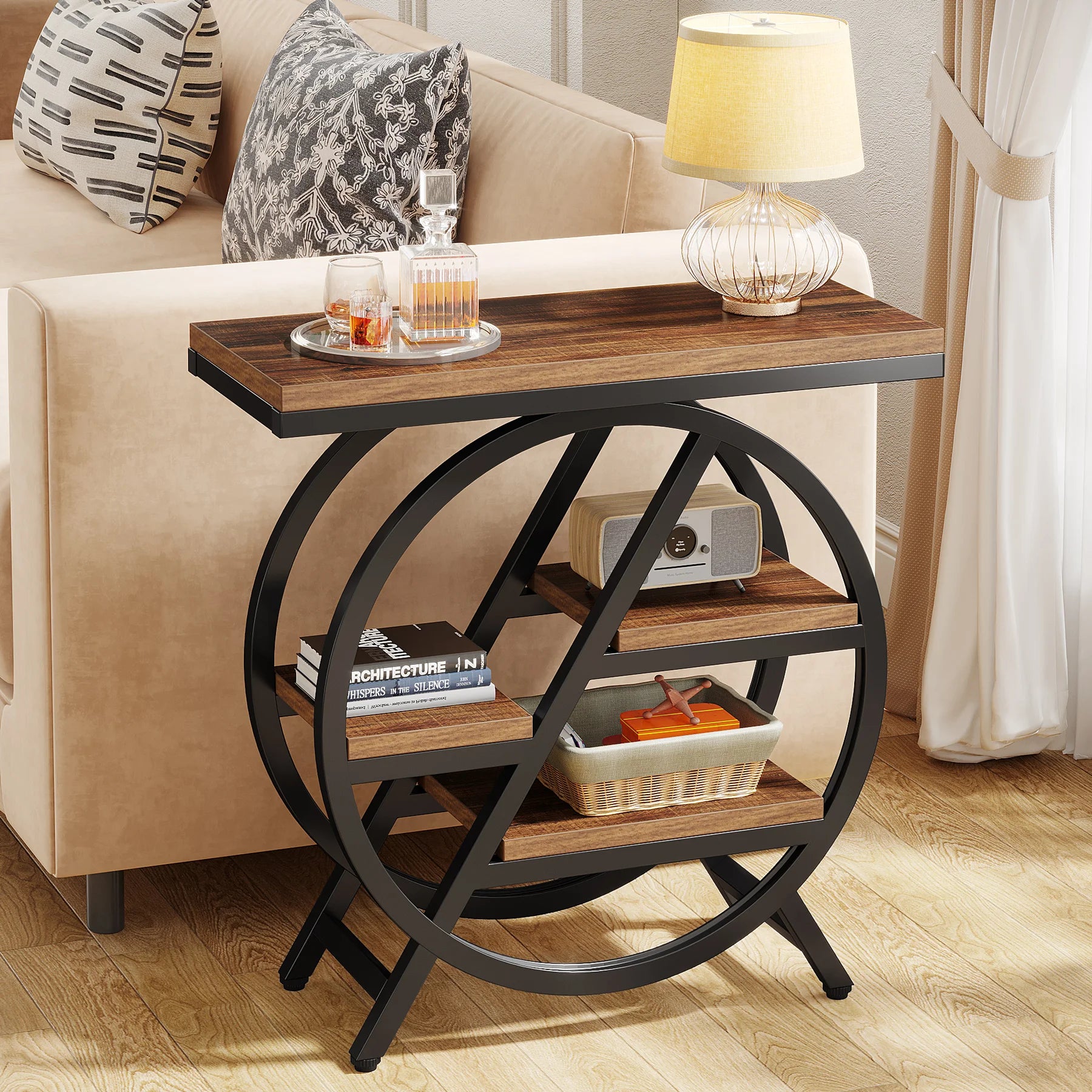 Rustic Wood 3-Tier Side Table with Round Metal Frame for Living Room — Narrow