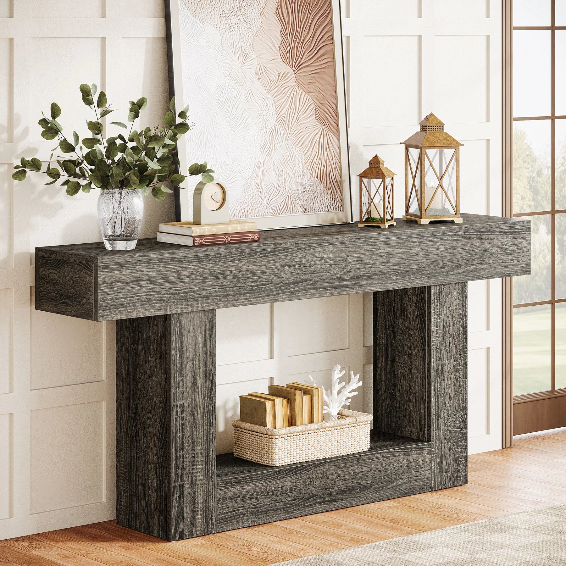 Two-Tone Farmhouse Console Table with Lower Shelf for Entryway — 63"