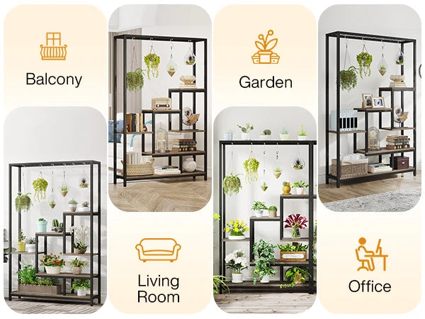 Industrial Metal Plant Stand with Hanging Hooks for Living Room — 5-Tier, 70.9in Tall