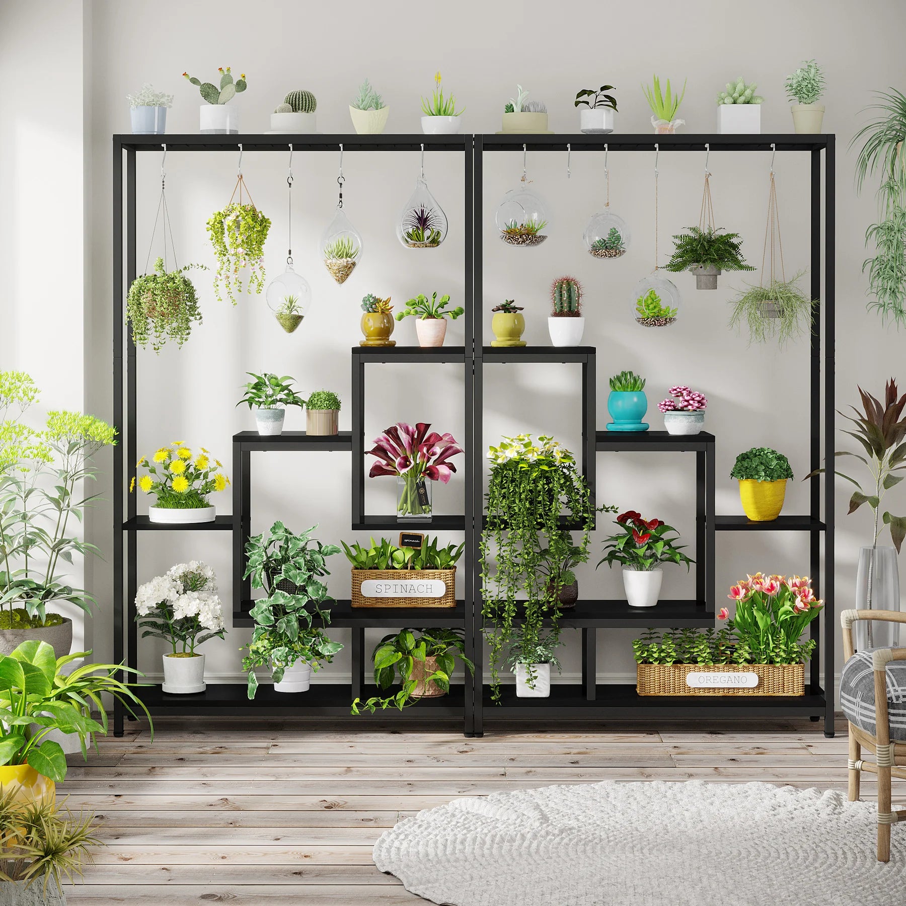 Industrial Metal Plant Stand with Hanging Hooks for Living Room — 5-Tier, 70.9in Tall