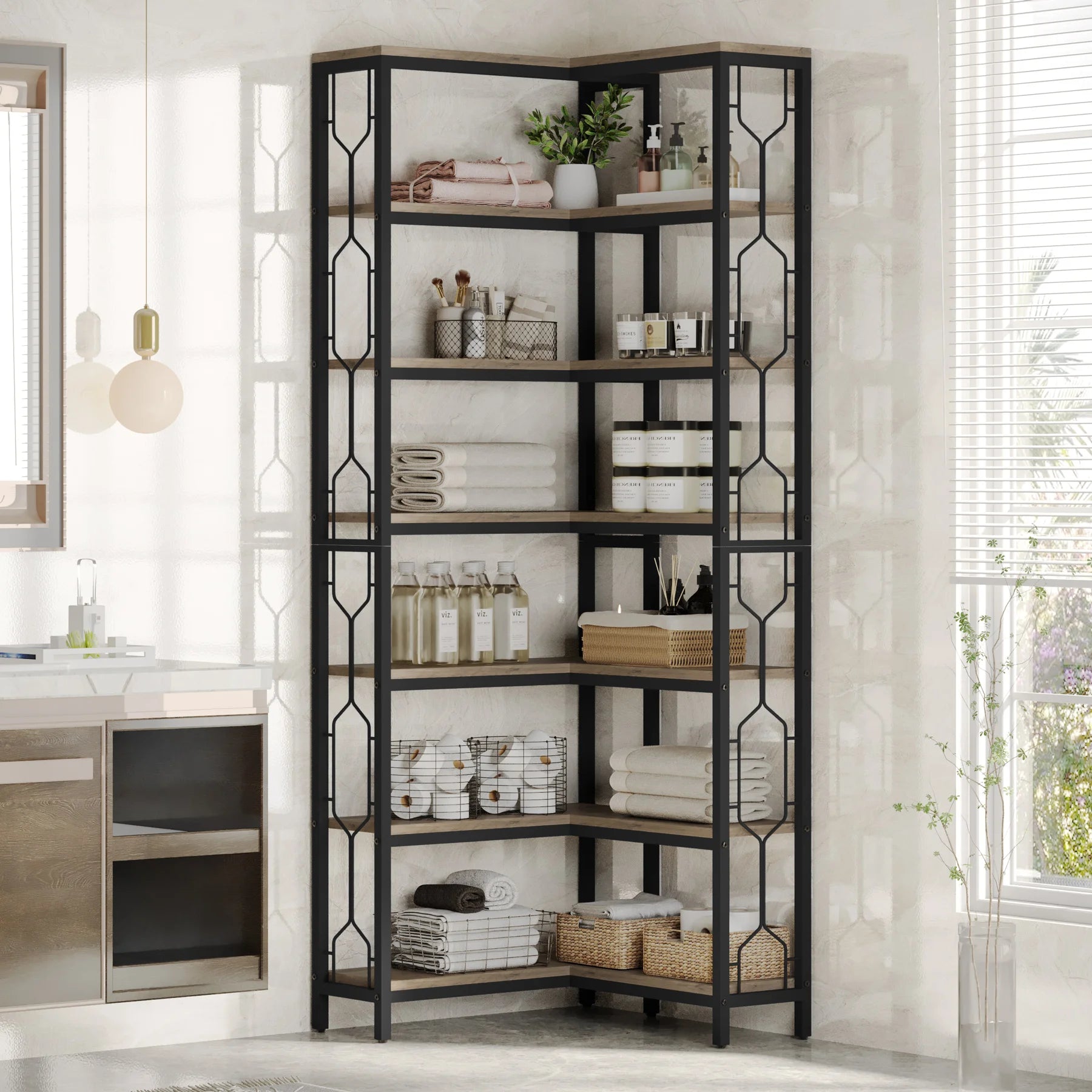 Industrial Corner Bookcase with 7 Shelves and Black Metal Frame for Living Room — 71" Tall